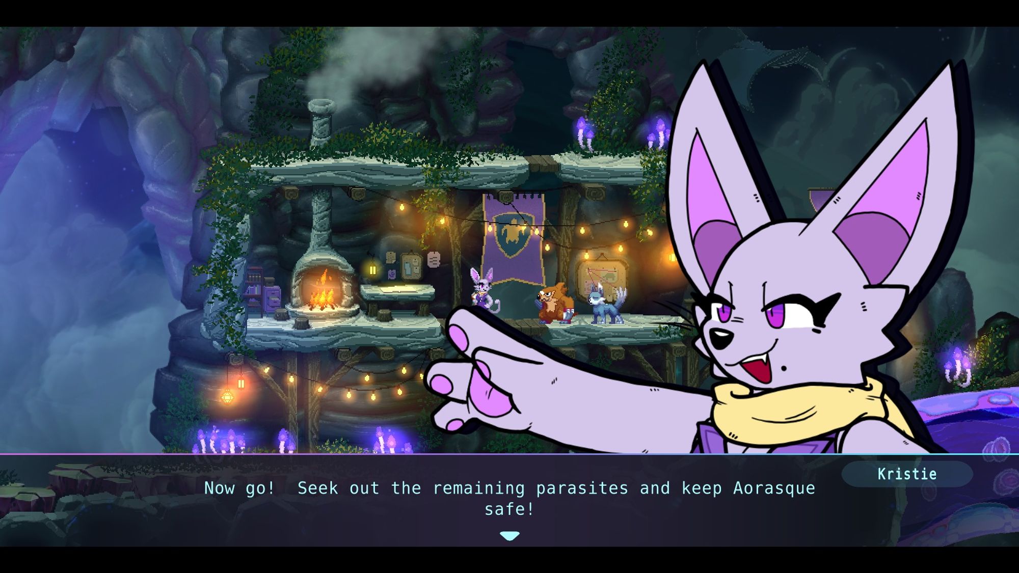 Screenshot from Moonlight Pulse.  The character Kristie is telling the heroes to keep their home safe.