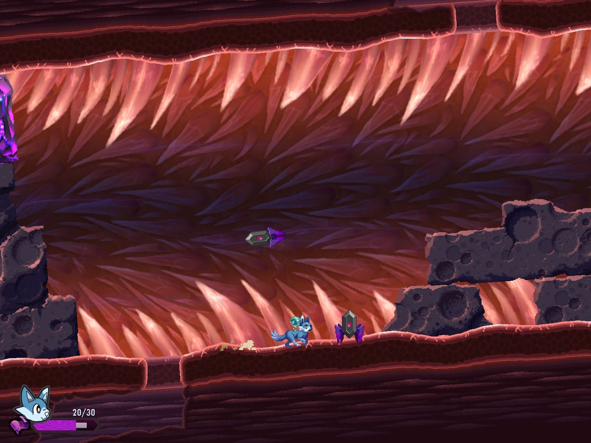 Screenshot from Moonlight Pulse.  The player character Laguna fights some enemies in the esophagus of a giant creature.