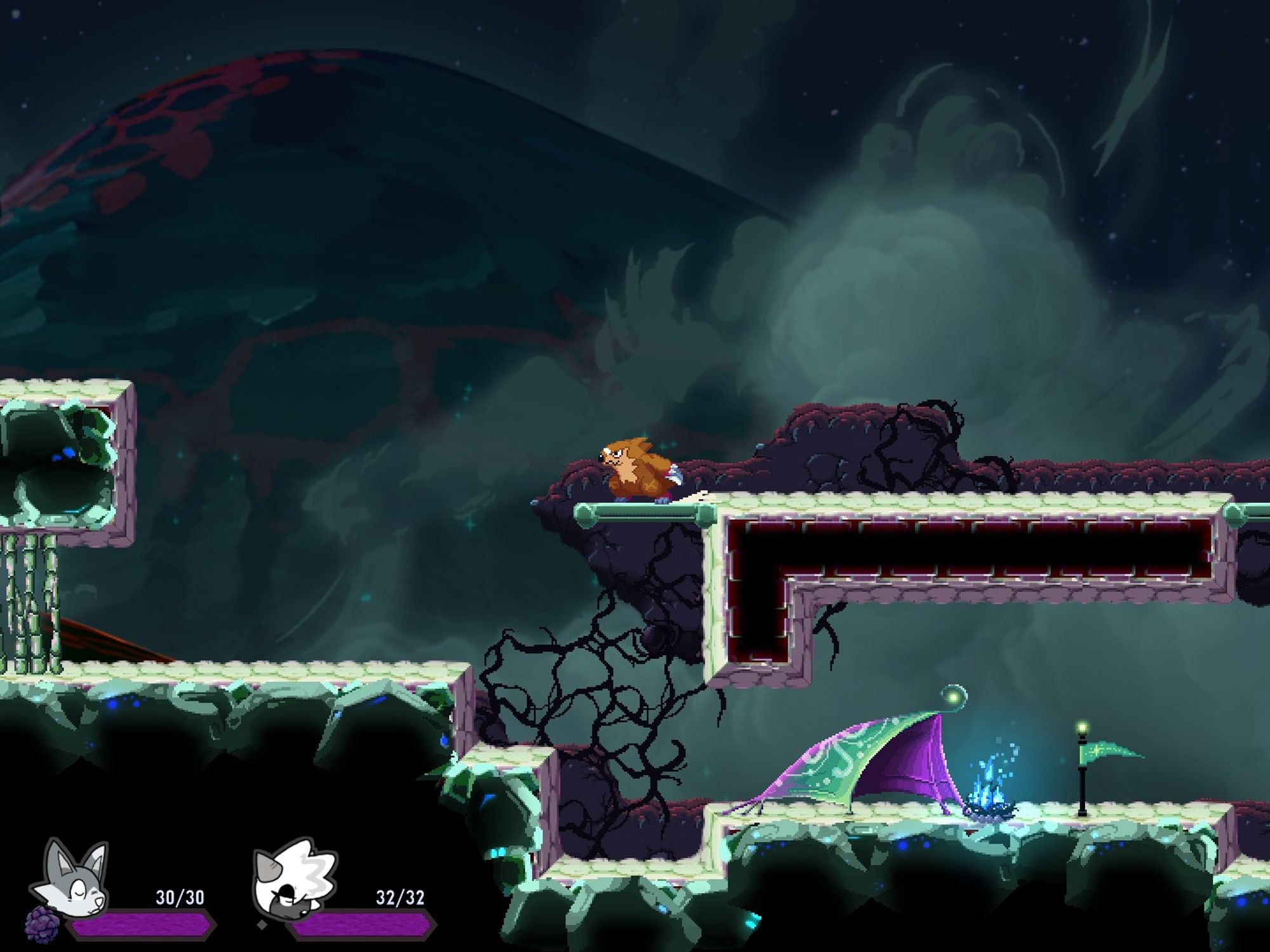 Screenshot from Moonlight Pulse.  The player character Silex is running around on a level with stone-like surfaces.