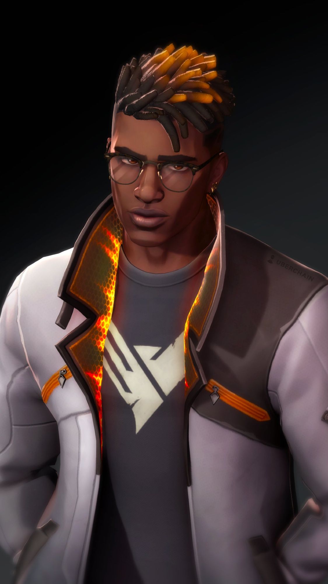 Phoenix from VALORANT with his pants in his jacket pockets looking up at the camera, wearing a pair of glasses with a cocky look on his face