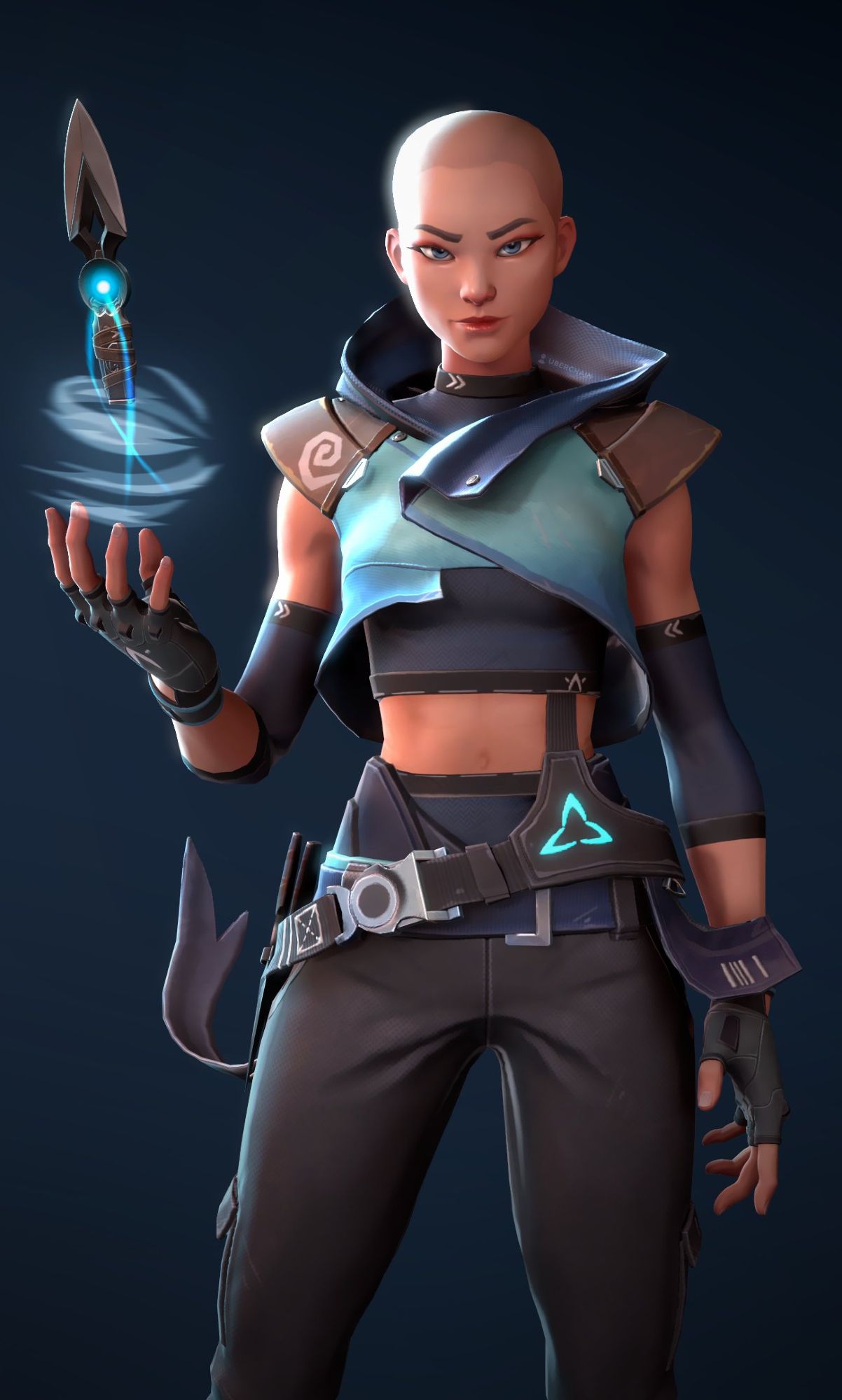 Jett holding a spinning glowing knife while smiling and posing relaxed. She looks the same as her in-game outfit except her hair has been shaved off, she is wearing arm sleeves over her elbows, and she has a crop top.