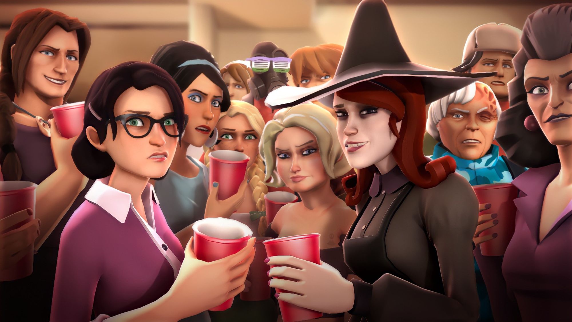 The Awkward Party Reaction meme where everyone is looking at the fourth wall weirdly holding red solo cups, but with mostly female characters from Team Fortress 2

Left to Right: Zhanna, Miss Pauling, BLU Scout's Mom, Rottenburg Update Girl, Yana, RED Pyro with Genderfluid Glasses, Maggie, Fried Chicken Tramp, Casters Quarterley Witch, TFC Pyro, Bronislava, and the Administrator