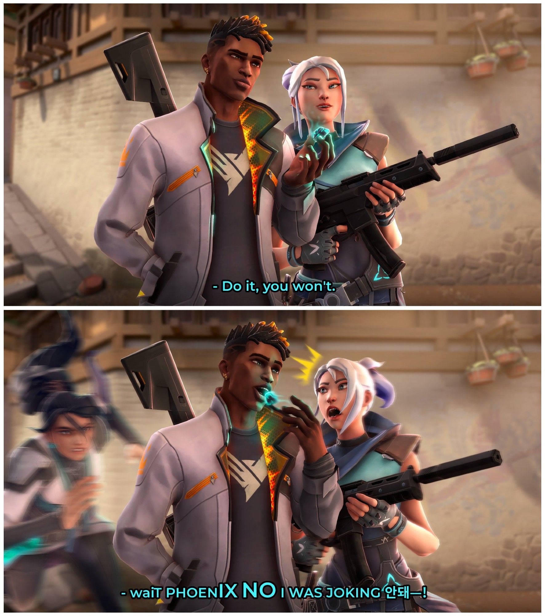 A 2-panel comic of Jett and Phoenix walking on Haven after the mission from UNITED TOGETHER's cinematic. Phoenix holds a glowing piece of Radianite in his fingers. Jett looks at him, unimpressed, and goes:

JETT: Do it, you won't.

The second panel has Phoenix popping the Radianite into his mouth, with Jett looking horrified and stunned.

JETT: waiT PHOENIX NO I WAS JOKING 안돼—!

In the background, a motion blurred Sage furiously (and I do mean furiously) rushes towards Phoenix.