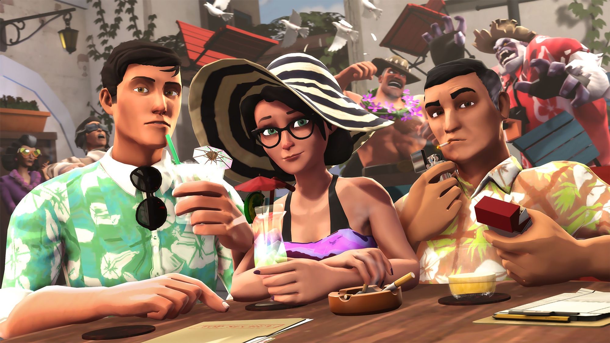 At a table, Bidwell, Miss Pauling, and Reddy sit down in Hawaiian shirt prints or bathing suits, while in the back chaos ensues as Saxton Hale fights a yeti wearing tropical wear while Jerry panics and the Administrator wearing cocktail glasses and a bead necklace looks on unenthused.