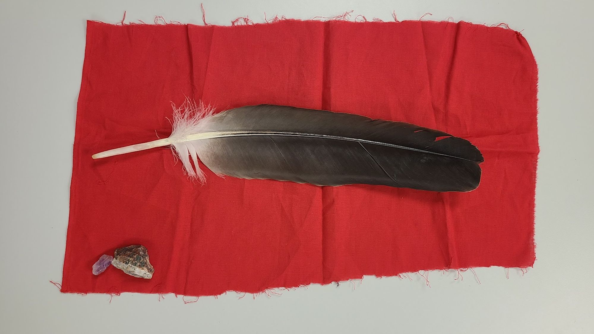 An kiptu eagle feather laid on a red cloth, with two amethyst stones in the corner of red cloth.