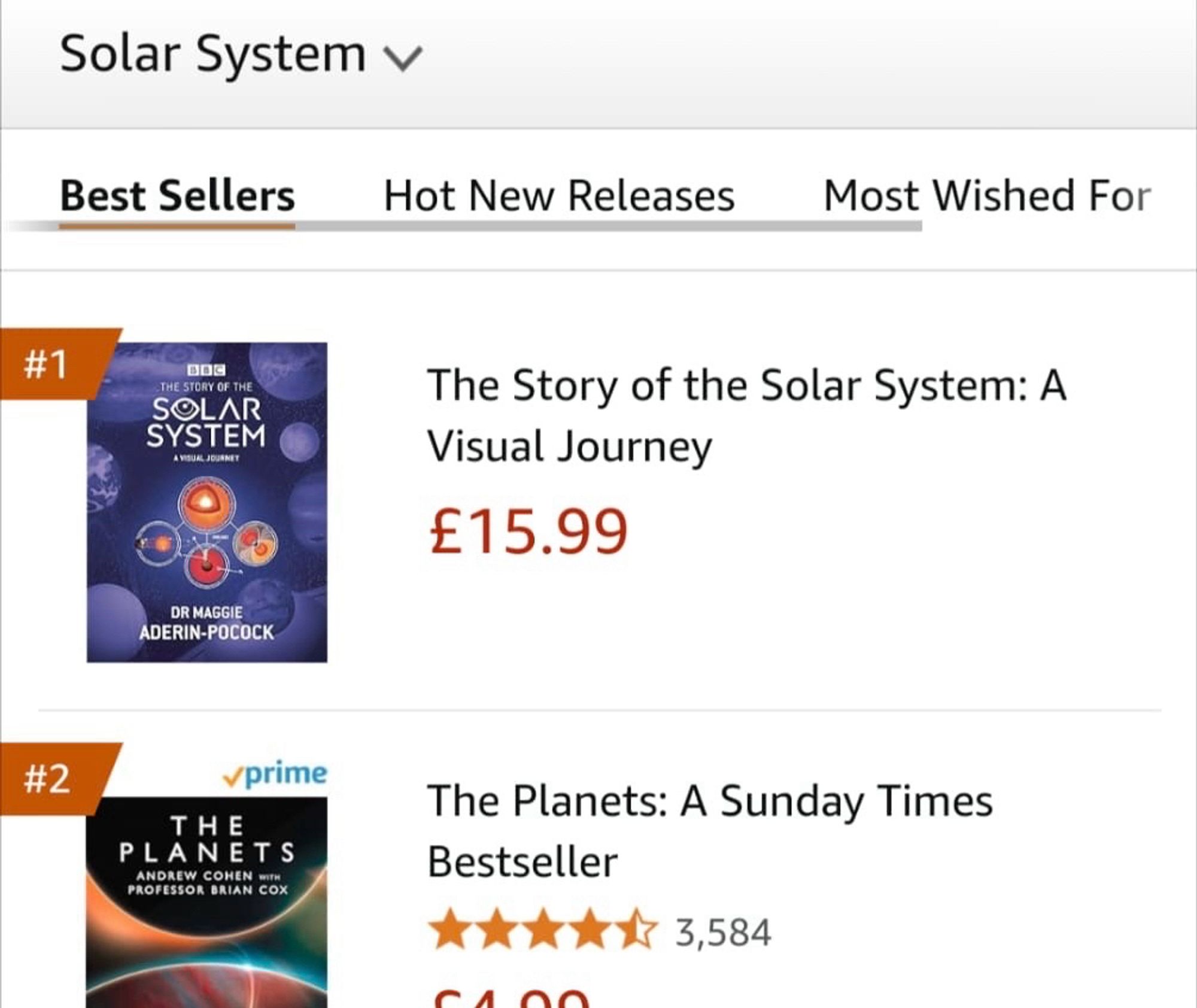 Screenshot from Amazon listing showing the book The Story of the Solar System: A Visual Journey written by Dr Maggie Aderin-Pocock (and me) as #1 bestseller in the category “Solar System”