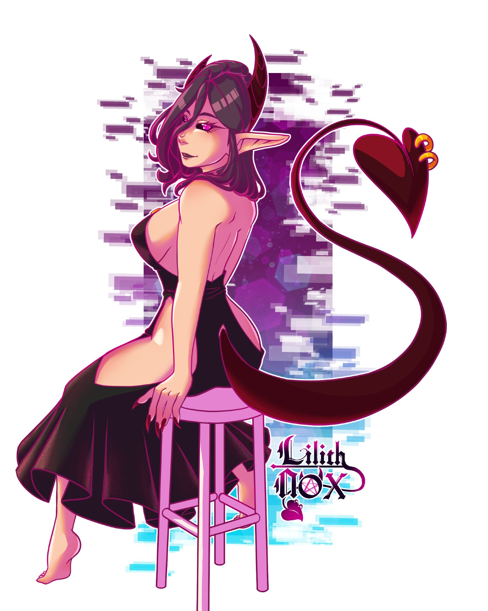 A purple haired demon sits on a white stool, their body facing away. Their head looks back over their shoulder at the viewer with a soft smile. They are wearing a black dress with a low back and large hip windows, showing most of their hips and the side of their thigh.