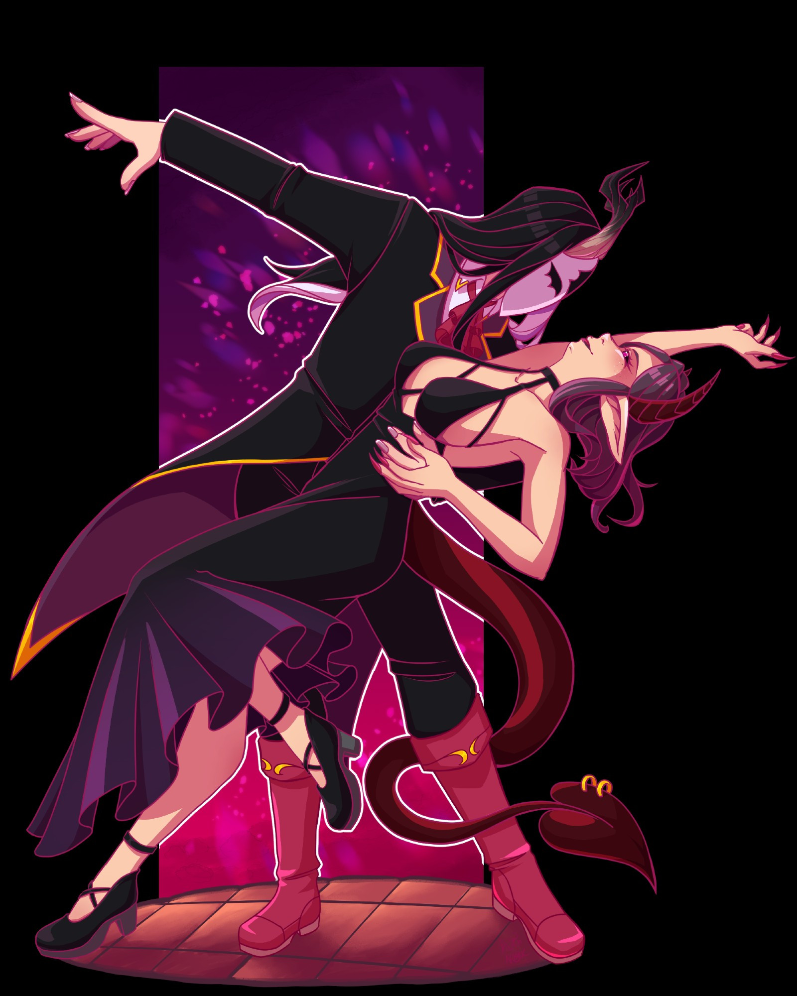 Two figures dancing together, one is a dandy in a horned mask with split black and white colored hair. He is dipping the other figure, a purple haired demon wearing a black evening dress that ruffles around their legs, in a dramatic way. The demon's tail wraps loosely around the dandy's leg as they stare at each other lovingly.