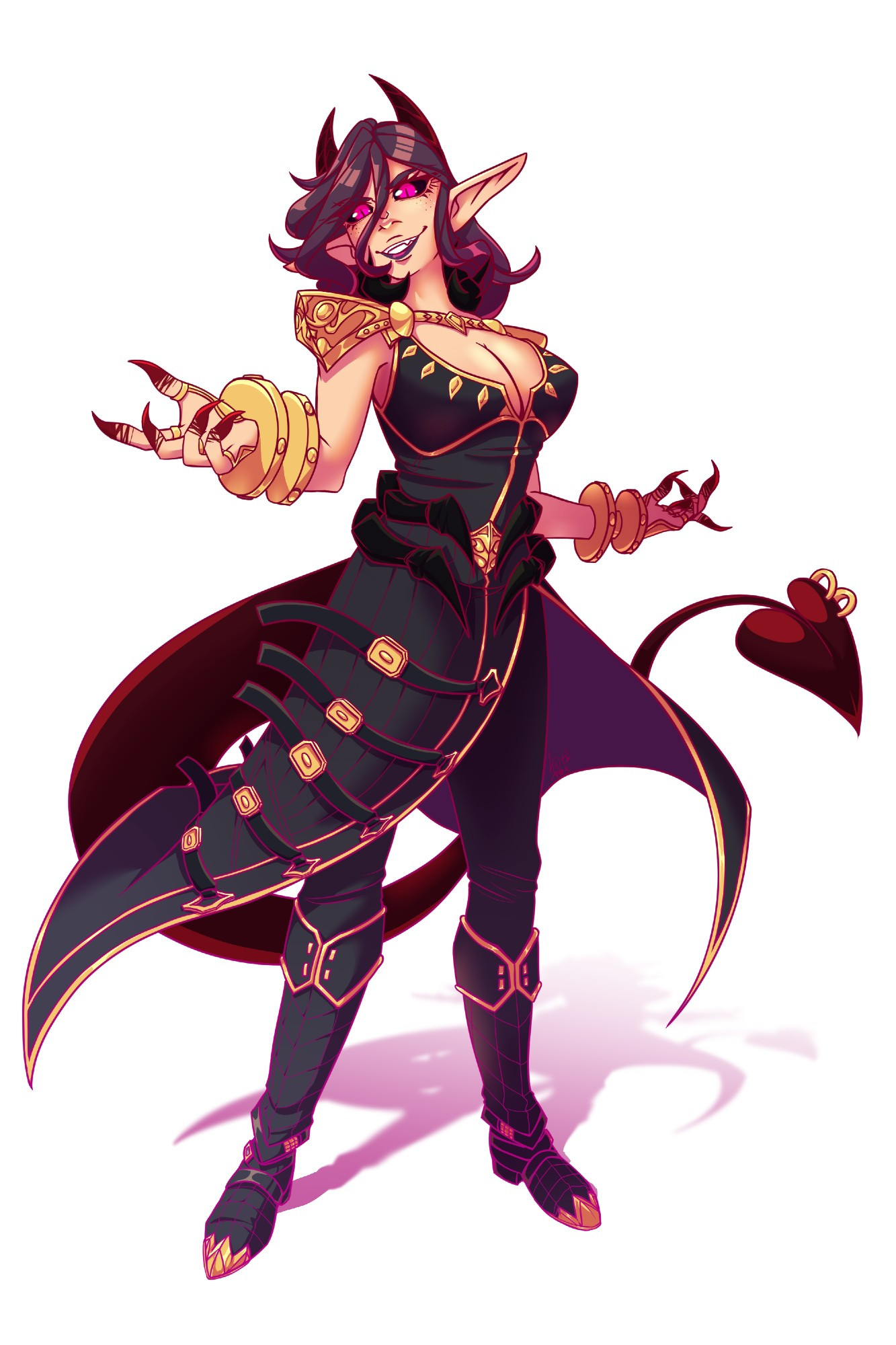 A full body image of a purple haired demon standing tall, their arms out and grinning as if challenging the viewer to a fight. They are dressed as Beelzebub from Granblue Fantasy Versus Rising