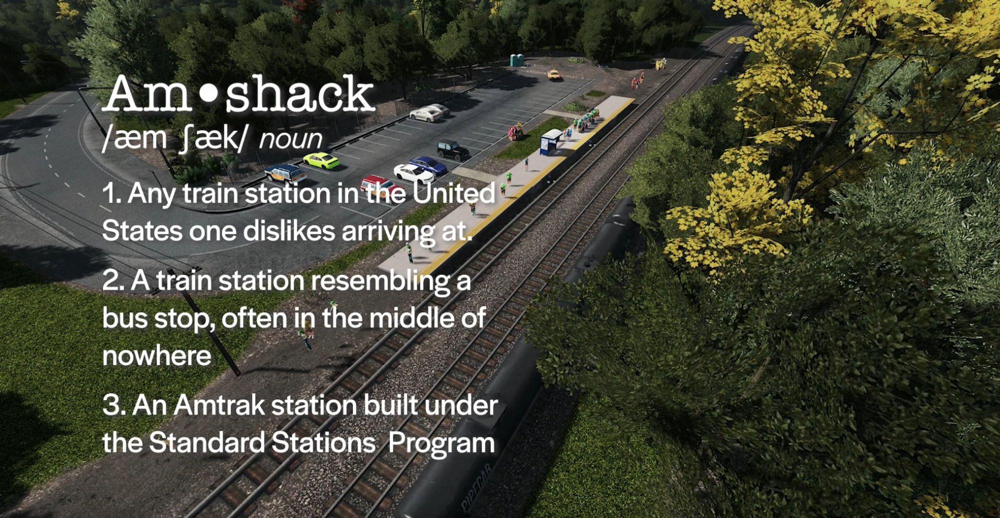 still from big mood energy's "the failure and success of great american transit".  image shows definition for Amshack 1 Any station in the United States one dislikes arriving at 2 a train station resembling a bus stop 3 an amtrak station built under the standard stations program