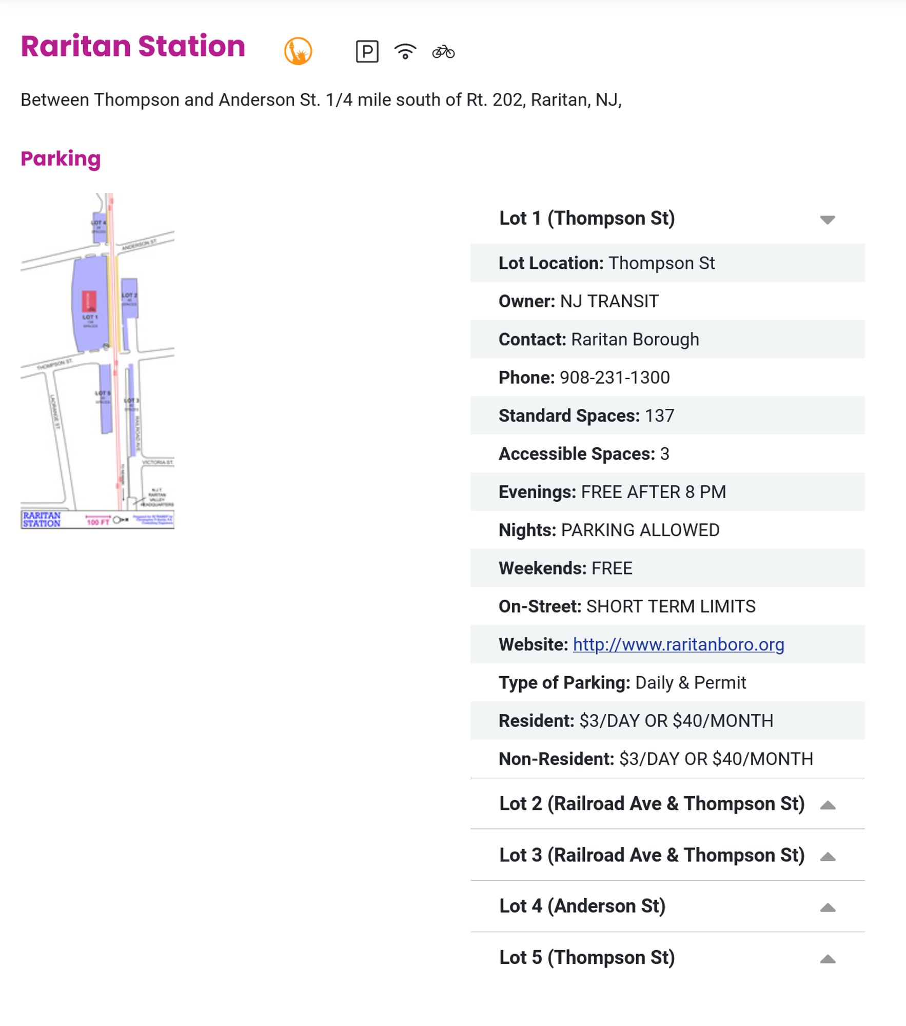 NJ Transit's station description page, showing Raritan NJ as having 3 accessible parking spaces