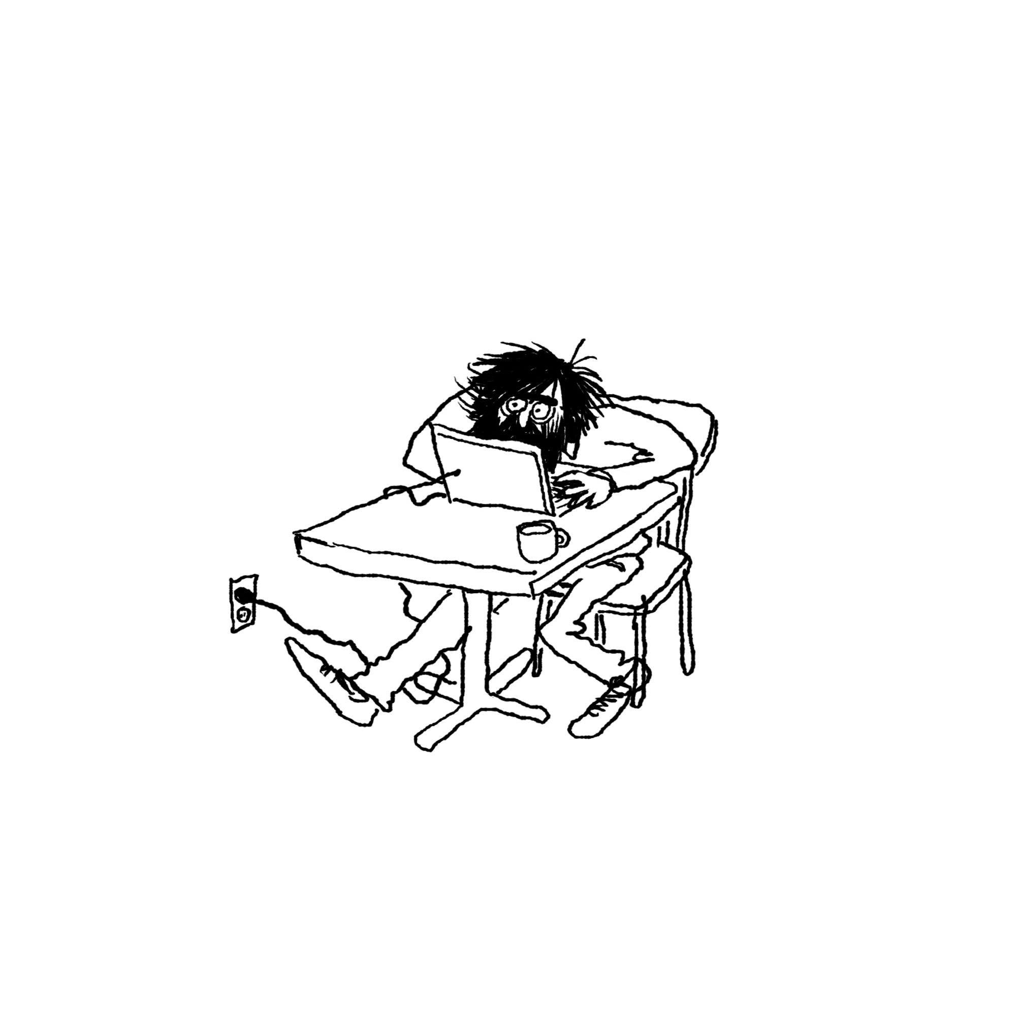 Small doodle of Phil sitting at a small table working on a laptop, coffee mug sitting nearby