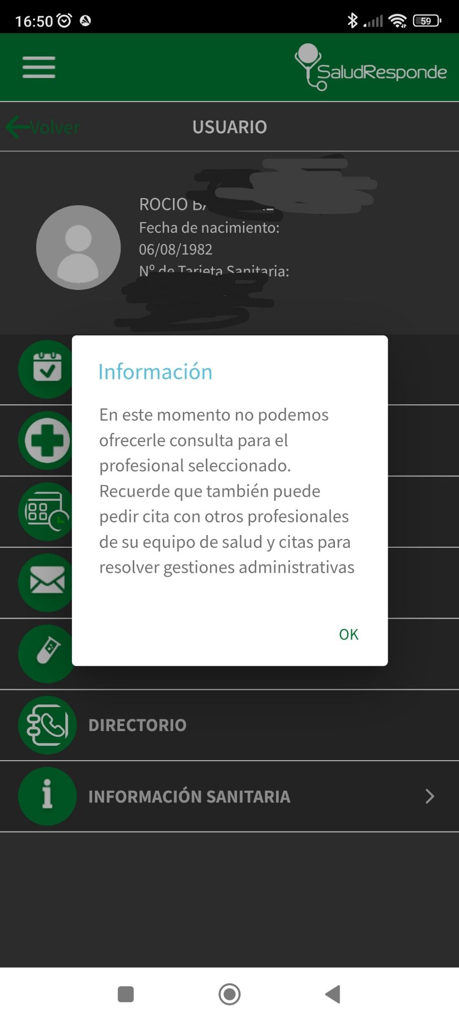 Foto de aplicación Salud Responde con un cartel indicando que en este momento no pueden ofrecer consulta médica con el profesional seleccionado. Algo que es raro, raro, raro, casi tan raro como conseguir coger cita por la aplicación. 🥲