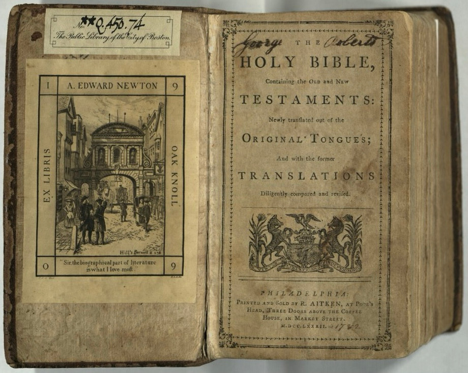 A picture of the Boston Public Library’s 1782 edition Aitken Bible, showing the inside cover and 1st page 