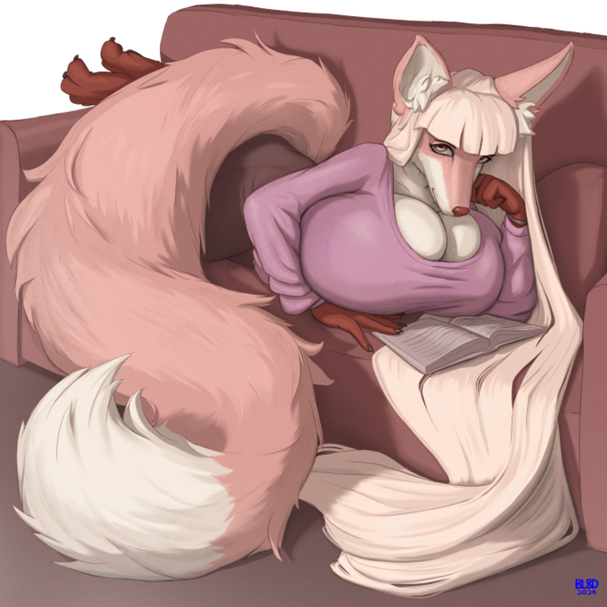 voluptuous anthro fox lady with long hair and bushy tail lies on a couch reading