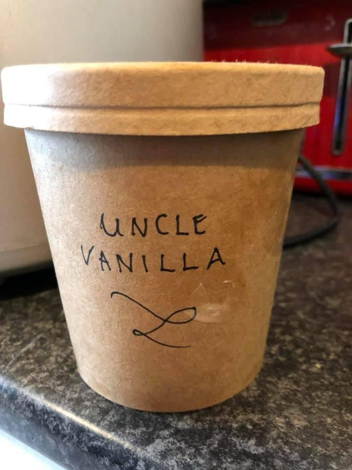 A container of my homemade vanilla ice cream inscribed with the words “Uncle Vanilla”