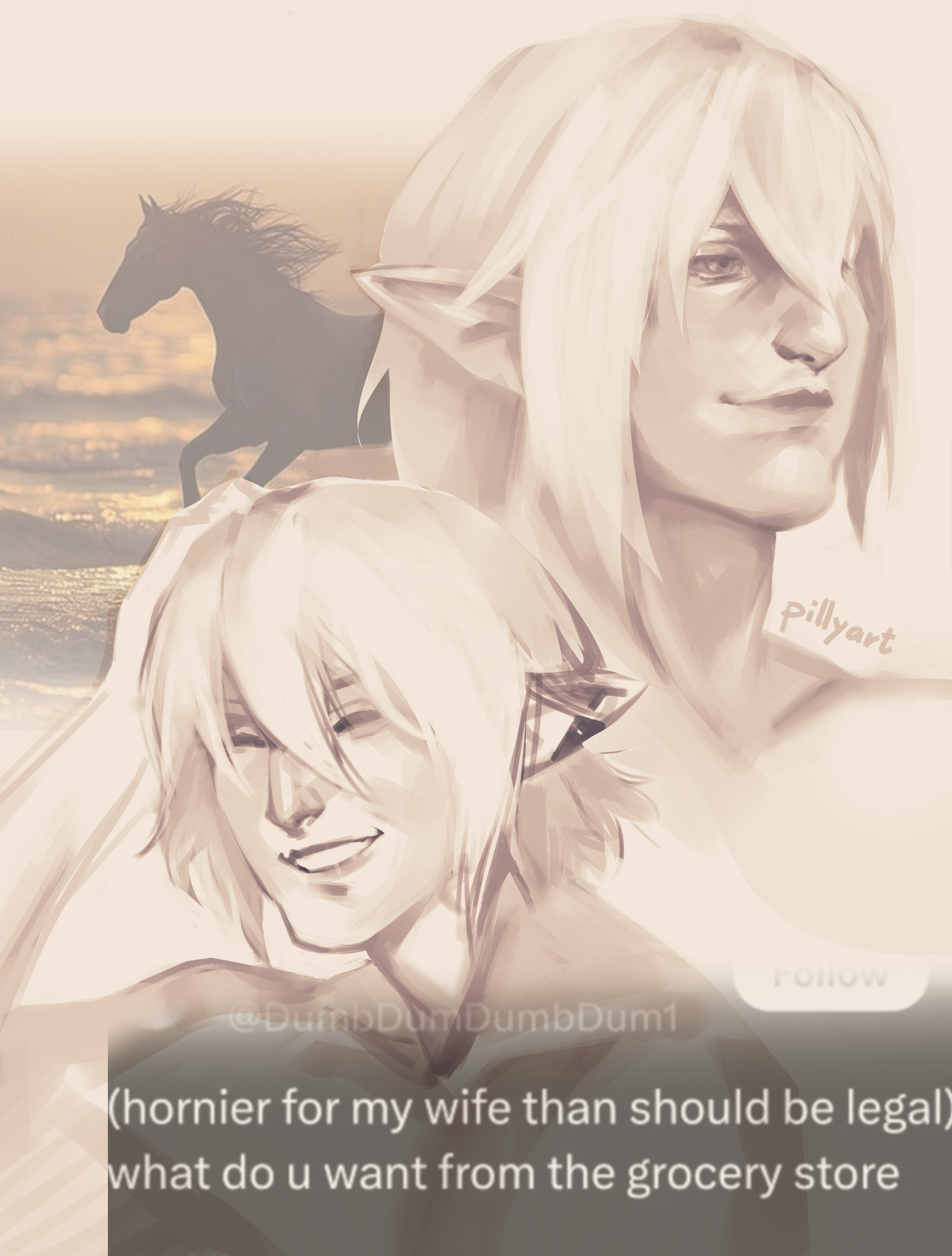 Haurchefant from FFXIV drawn by me in a sketchy painterly style. on the upper right it's a more simple portrait of him and in the center he's smiling sheepishly with a hand on his head. I overlayed a picture of a horse running on the beach and a tweet [caption: (hornier for my wife than should be legal) what do u want from the grocery store)]
