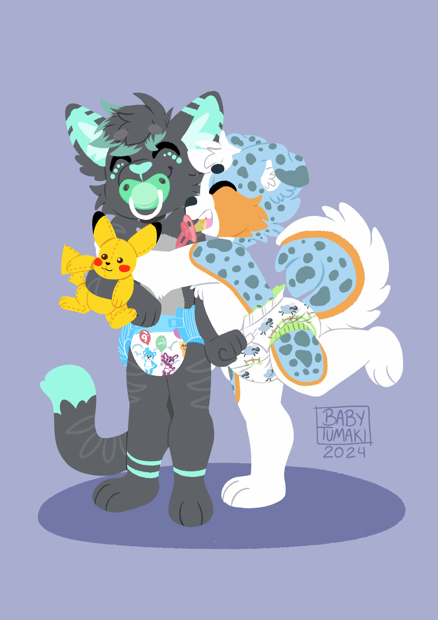 cyan kitty holding a pikachu plush, getting hugged by a cute light blue aussie puppy (my friend nevi :3)