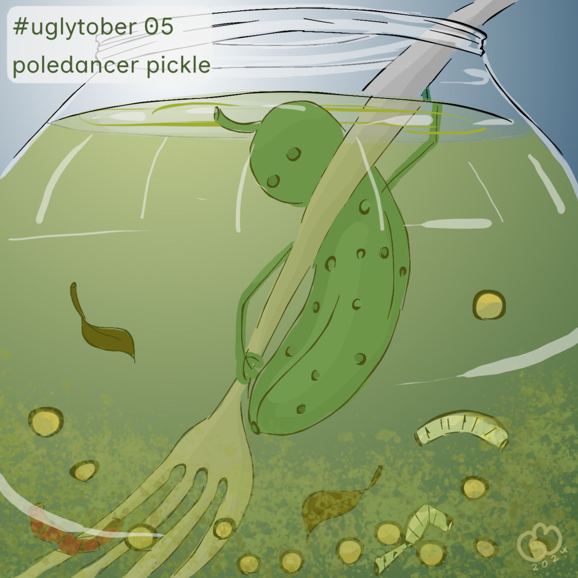 Digital drawing. Close-up of an open pickle jar. Inside is a fork with a cucumber dancing around it. A few ingredients such as mustard seeds, onions, peppers and spice leaves are floating in the lower area. 

Digitale Zeichnung. Großaufnahme eines offenen Gurkenglases. Darin befindet sich eine abgelegte Gabel um die herum eine Gurke tanzt. Im unteren Bereich schweben einige Zutaten wie Senfkörner, Zwiebeln, Paprika, Gewürzblätter.