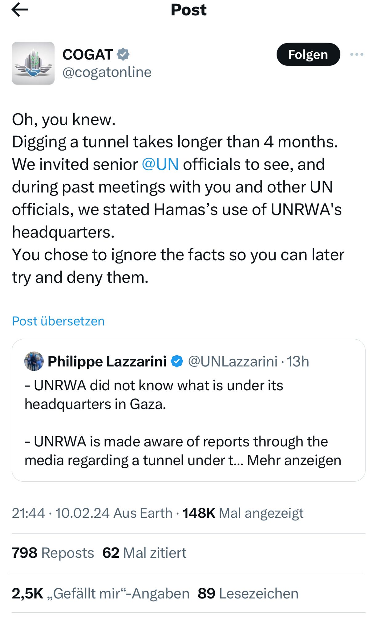 Tweet Cogat/Israel zu Tunnel-Fund unter UNRWA-Headquarters in Gaza