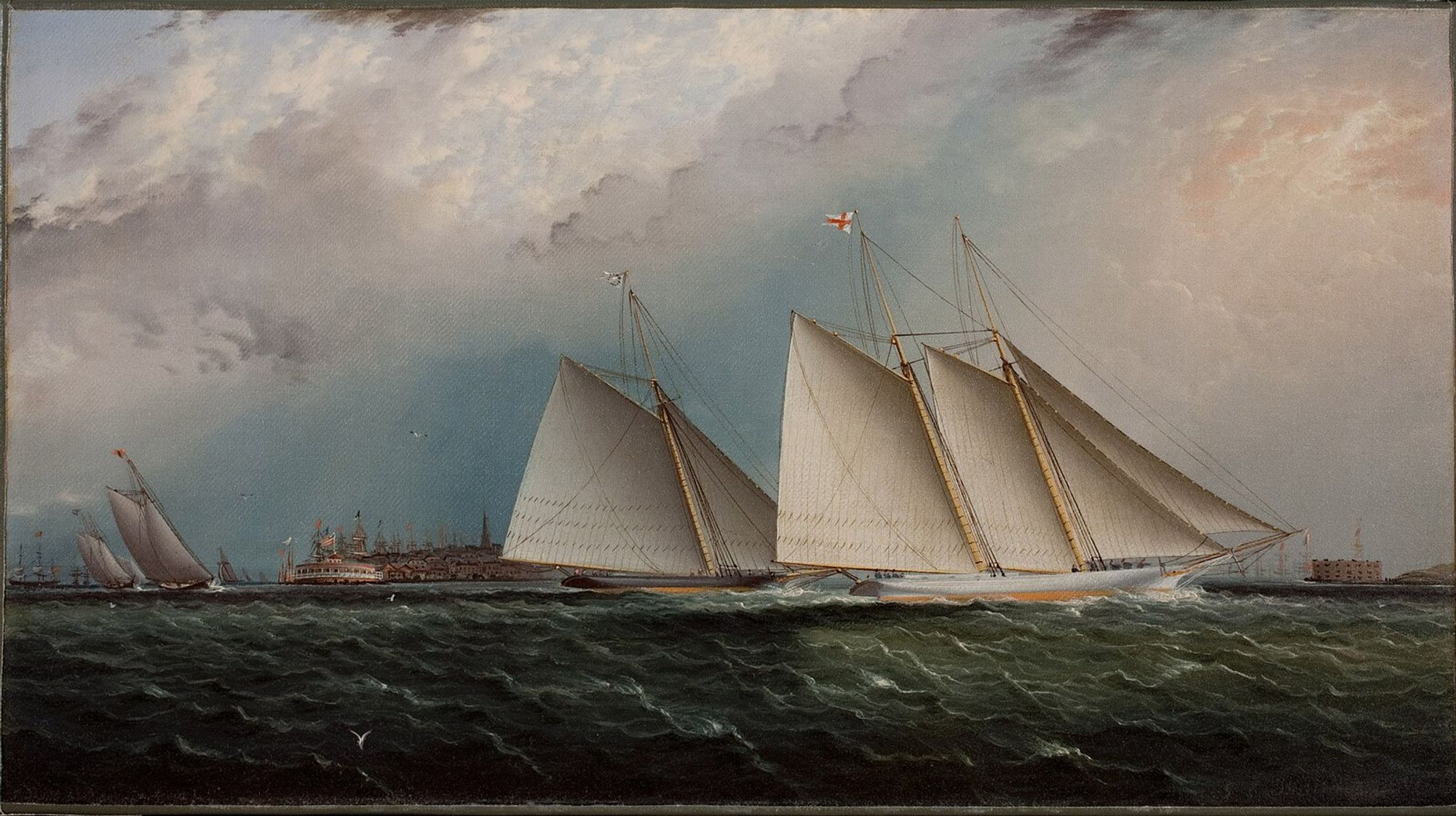 Oil painting by artist James E. Buttersworth, ca 1871, titled Magic and Gracie off Castle Garden. The painting shows two sailing vessels in the foreground, and other sailing ships and the coast in the background. The sky is cloudy but the lighting is still relatively bright.