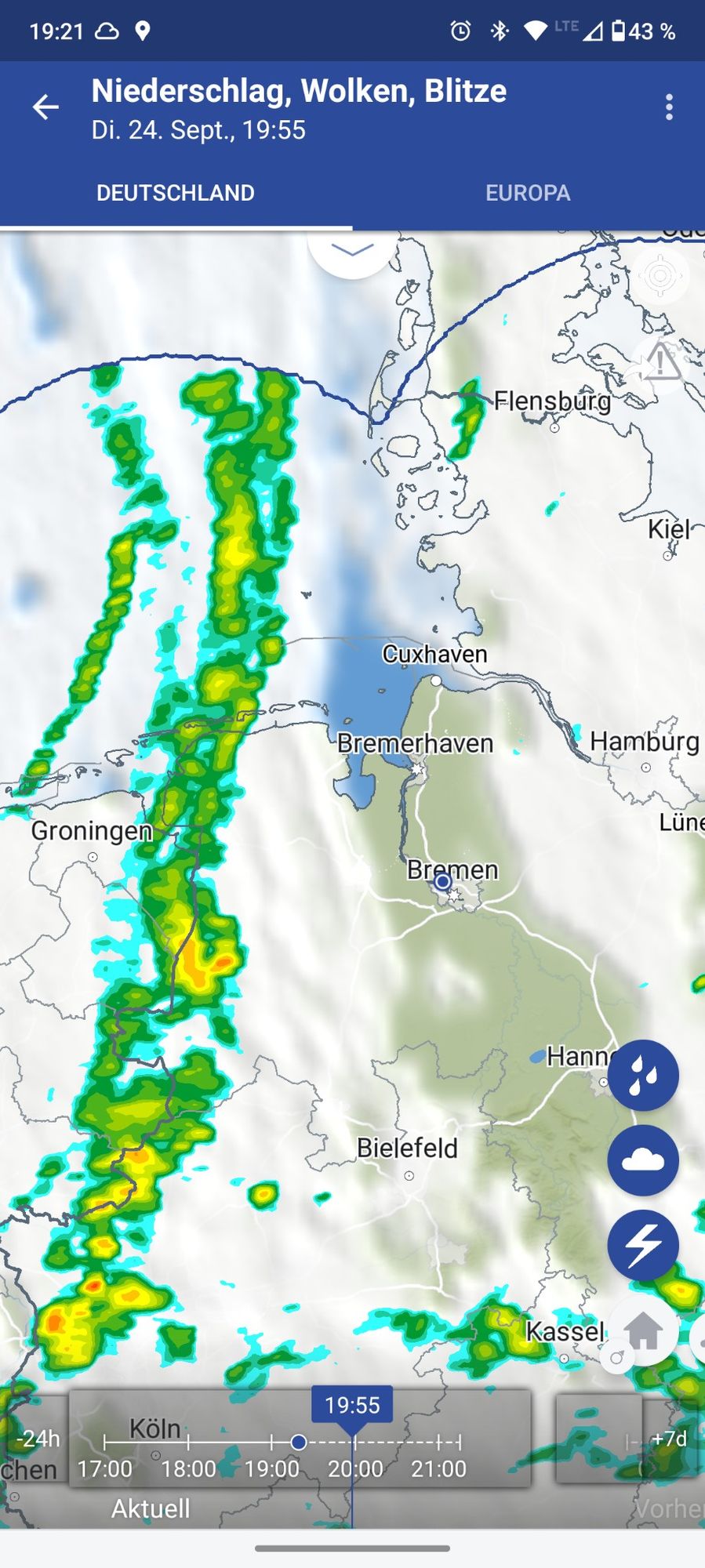 Wetterradar: Regenfront zieht aus den Niederlanden nach Deutschland.