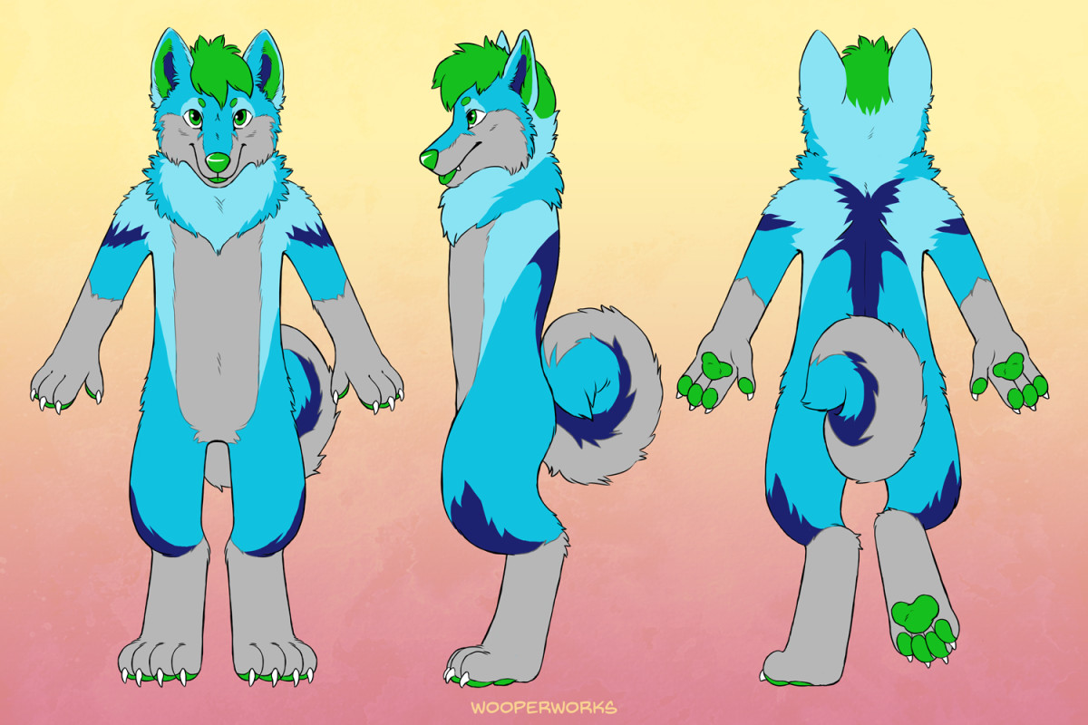 Fursuit Reference Sheet of a blue and gray husky with green highlights