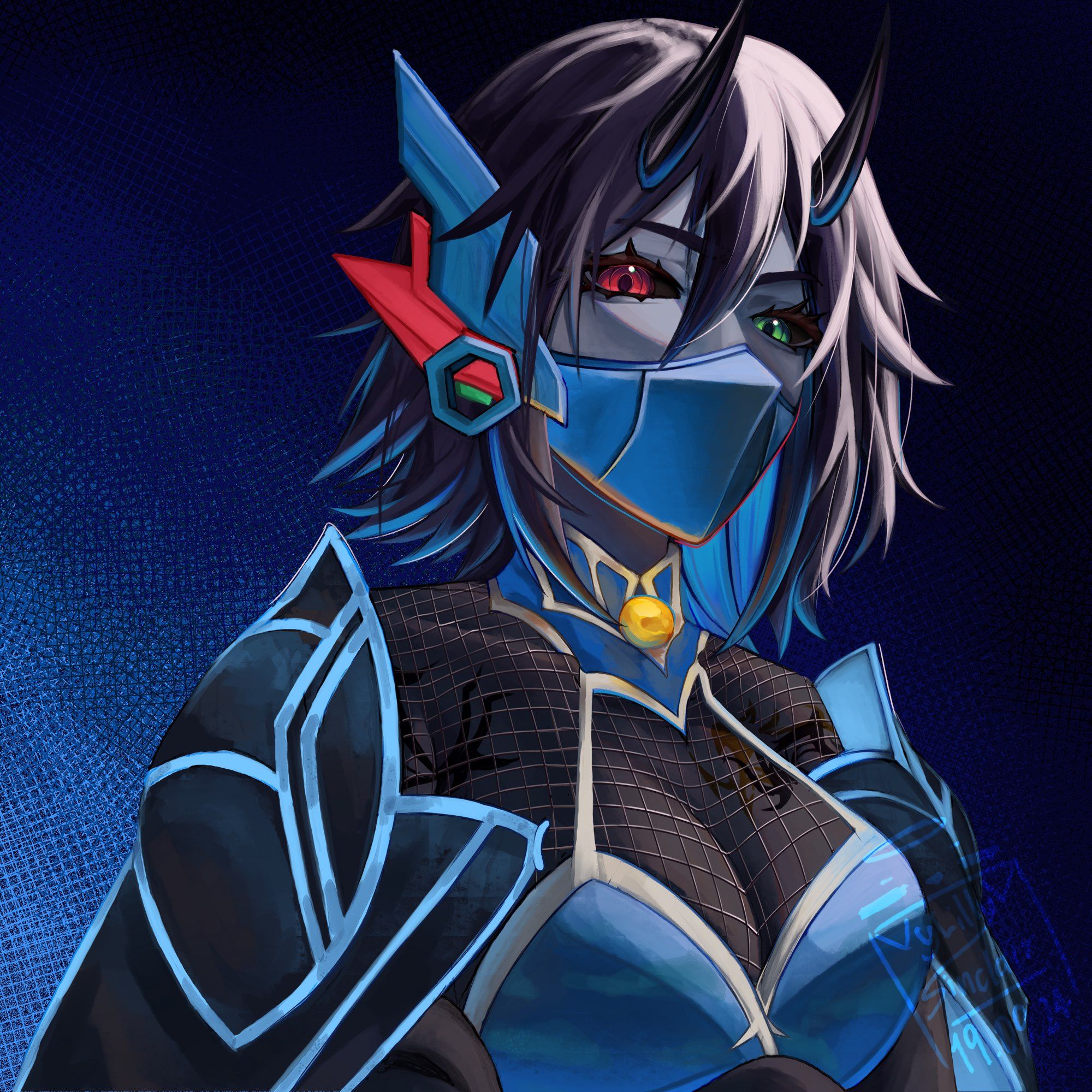 a woman with gray skin, black short hair, red and green eyes and blue armor drawing