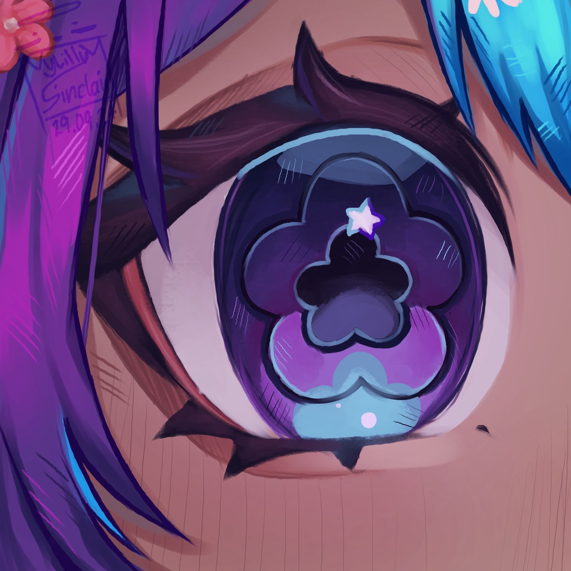 purple eye with a flower shaped pupil, with blue details, purple to blue gradient hair in anime-like style.