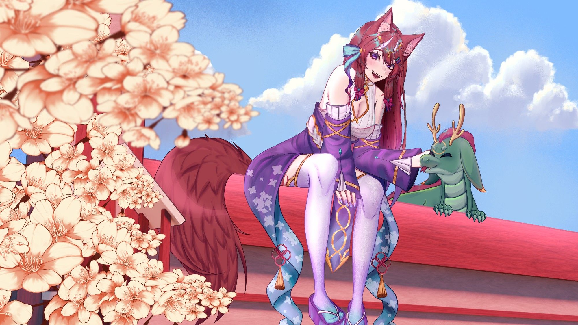 a woman with fox ears and tail, petting a little dragon while sitting in a shrine with a sakura tree on her side.