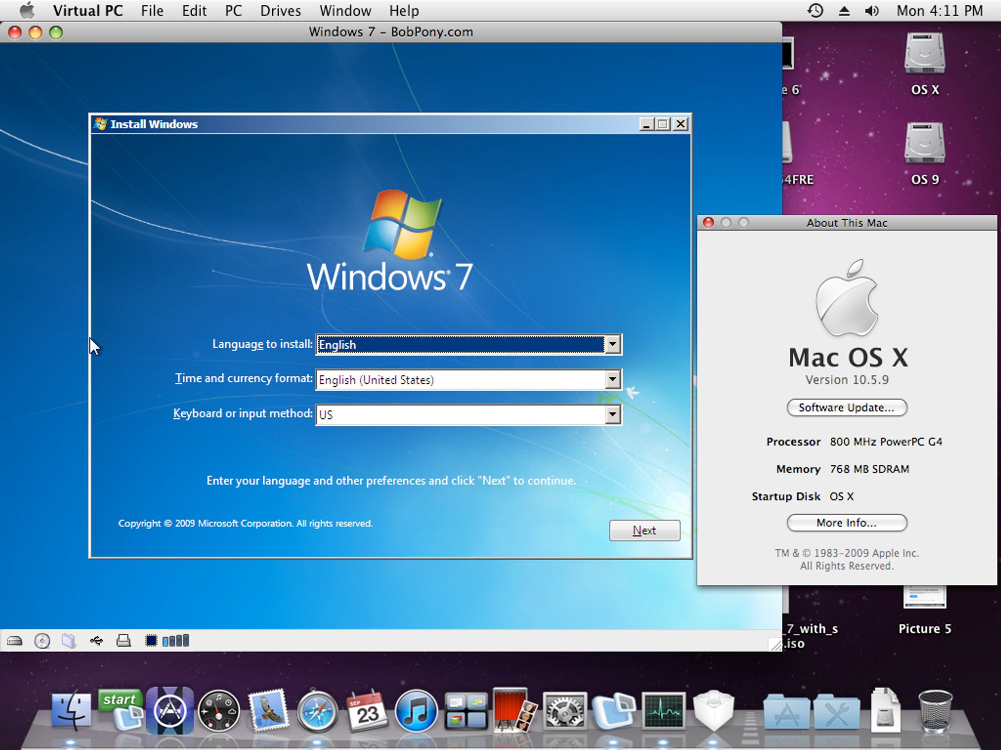 Windows 7 setup running in Virtual PC 7.0 for Mac.