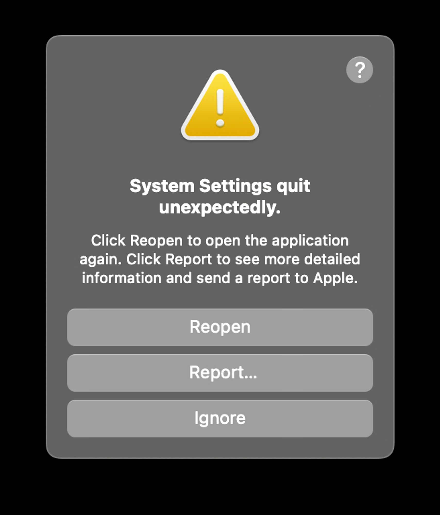 System Settings quit unexpectedly.