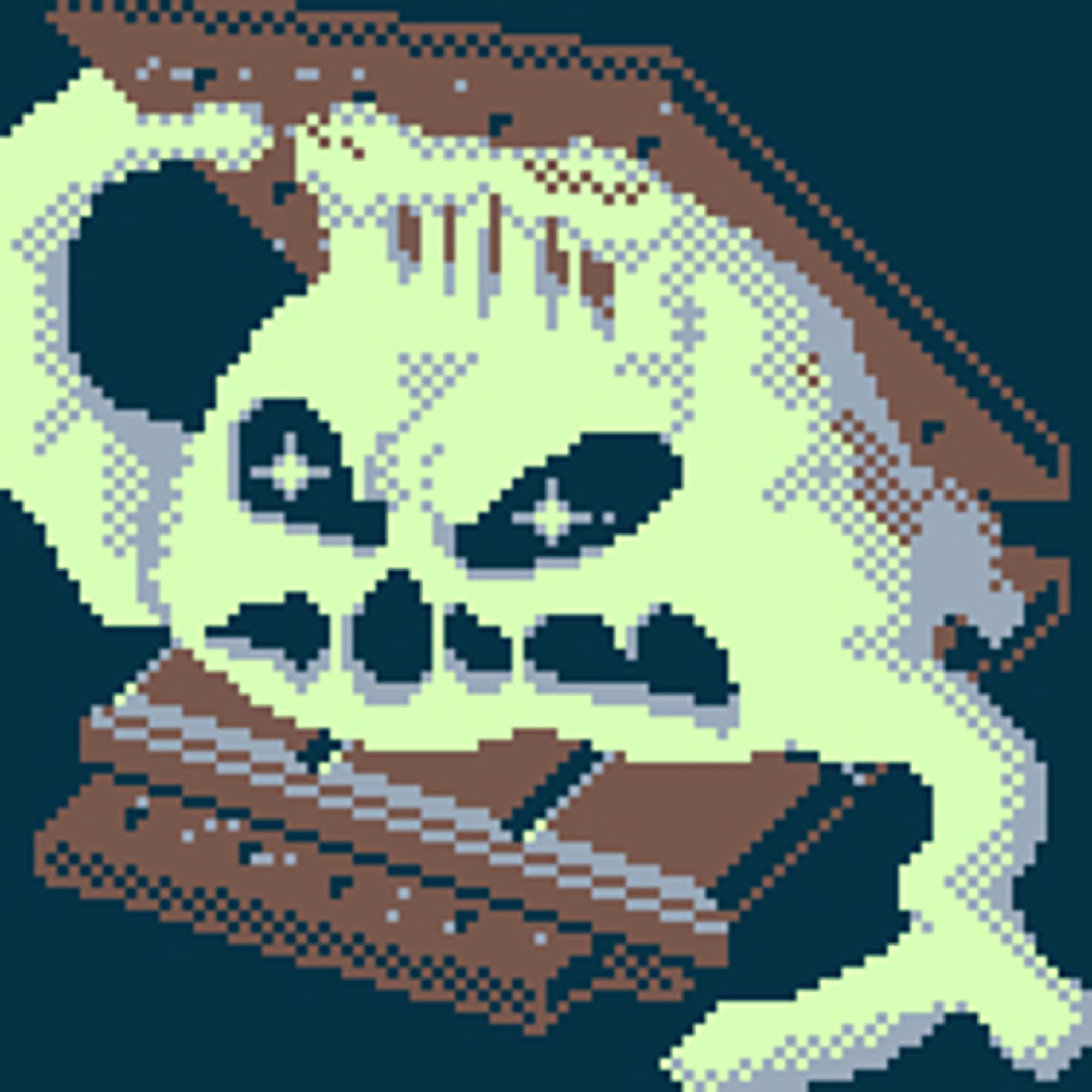 Lo res pixel art of a monstrous s'more.  A melted marshmallow squats atop a bar of chocolate and a graham cracker.  Its eyes glint malevolently as it tips its topmost cracker, either in greeting or as a threat.