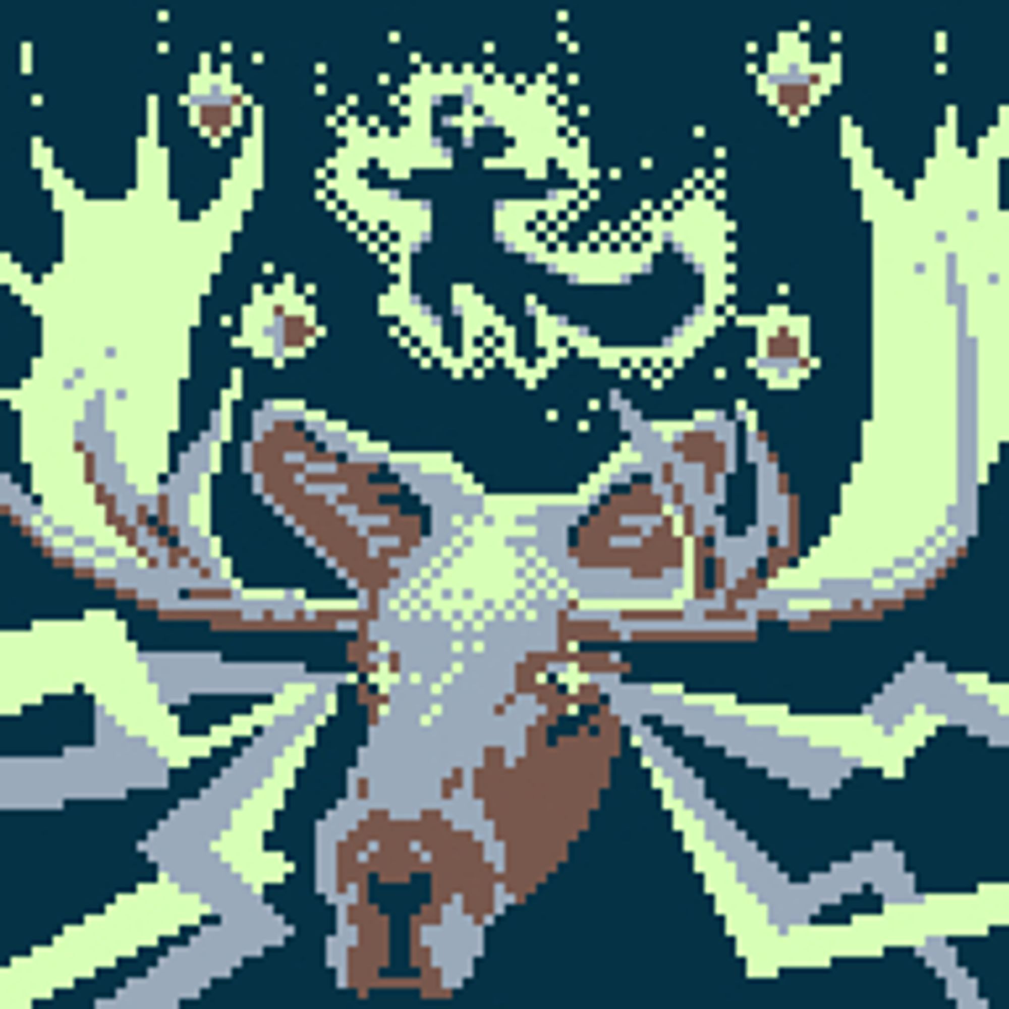 Lo res pixel art of a hovering moose head, bolts of electricity shooting from its eyes. Between its antlers floats a psychically levitating squirrel, silhouetted by eerie green energy.  A swarm of acorns buzz around it.