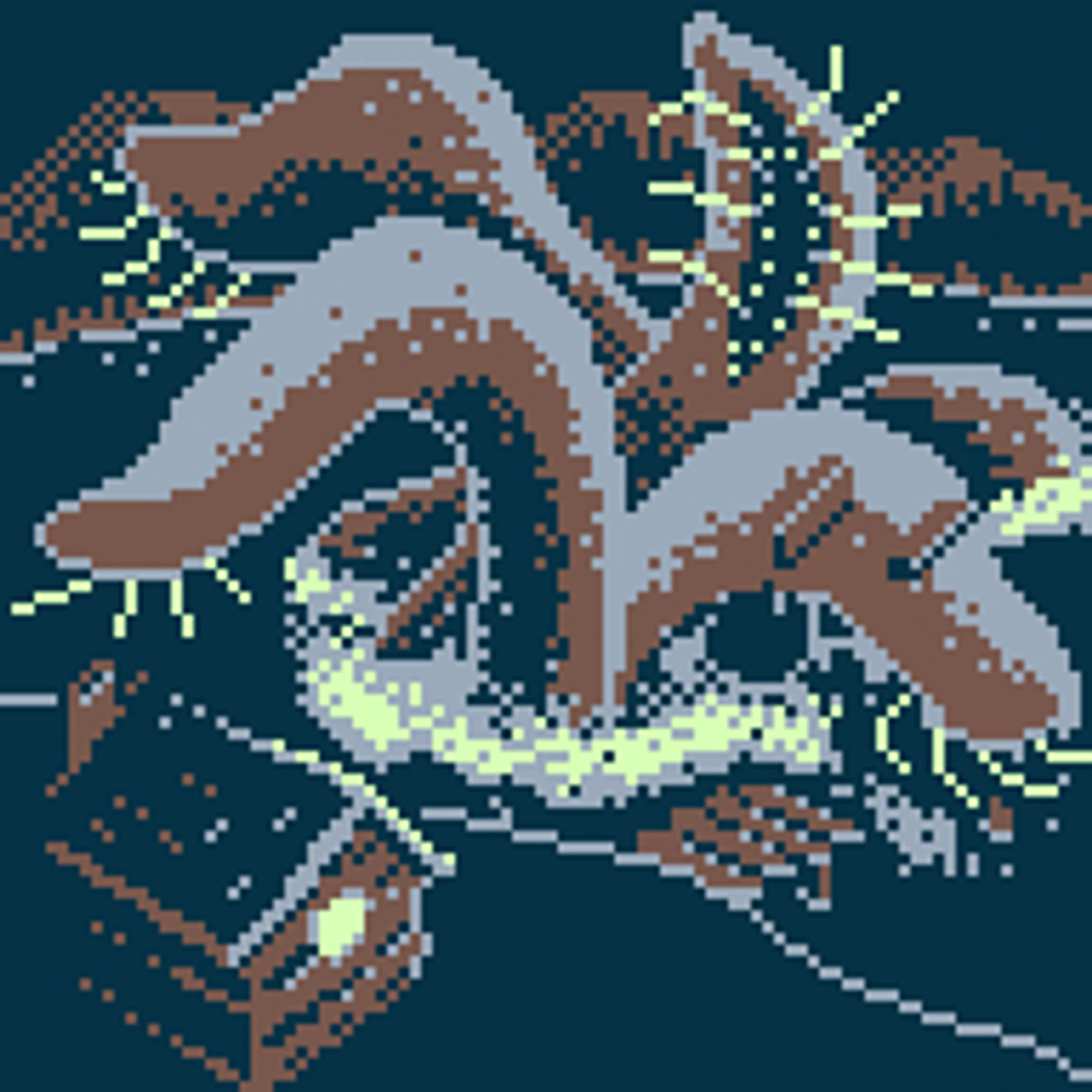 Lo res pixel art. A mass of tentacles tipped with pallid feelers erupts from a mountain lake.  A dock at right is partially destroyed, debris falling from the tentacle that tore into it. One lone cabin stands in the foreground.