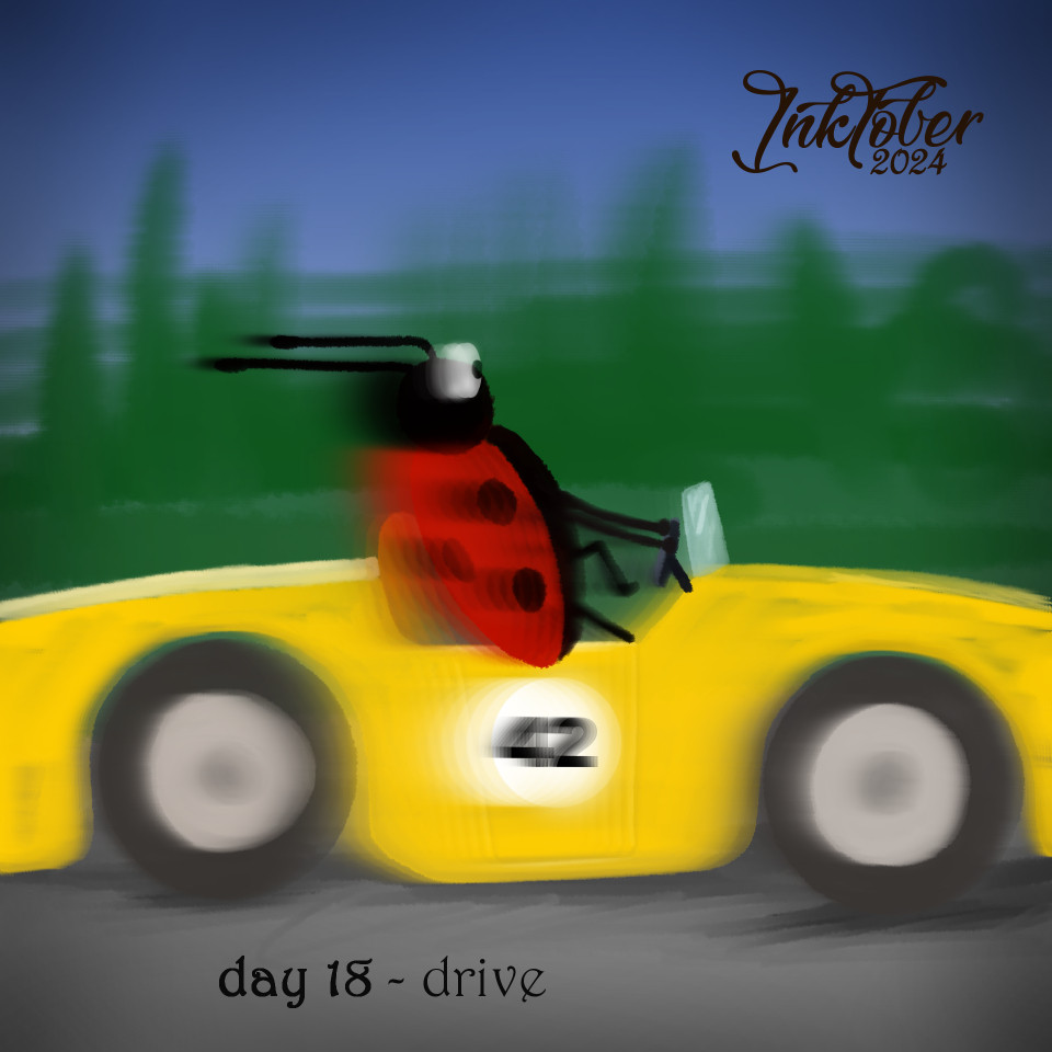 Digital drawing. A ladybug is sitting in a bright yellow car. The number 42 is written on the car door. It is driving very fast on a road. Trees can be seen in the background. The whole image is blurred, which indicates the high speed.