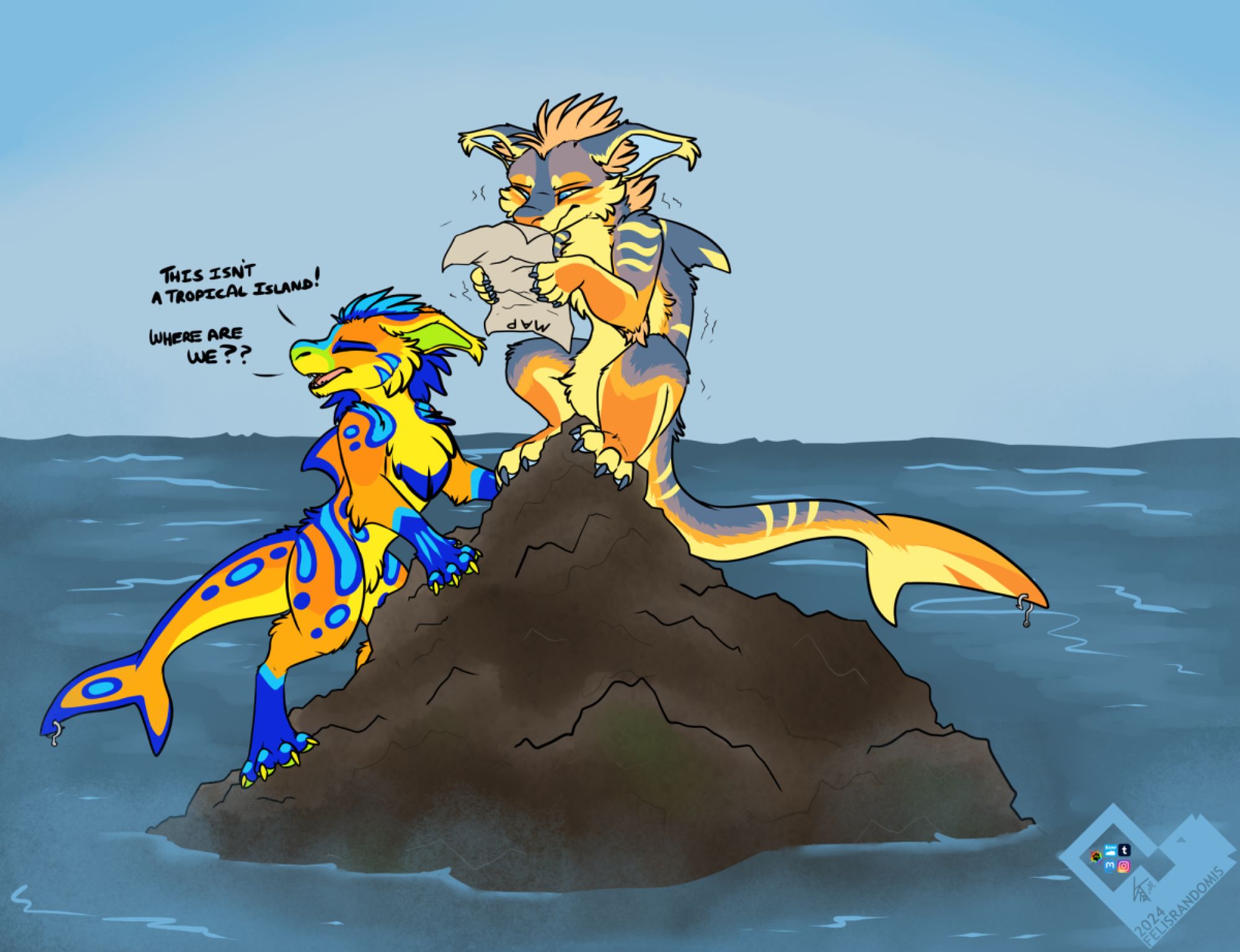 digital art of 2 manokits looking rather disgruntled on a tiny rock in the middle of the ocean. One is squinting hard at a map that is upside down and shaking from the cold while the other is saying "This isn't a tropical island! Where are we!?"  