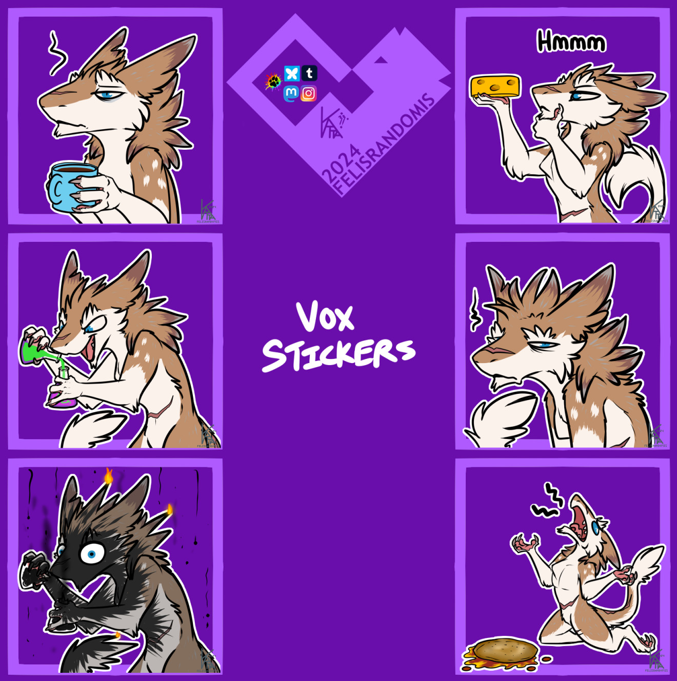 digital art of a sergal character made for telegram/discord stickers. Looking tired with coffee, Evilly pouring a beaker into another, aftermath of said pour they are covered in blast and soot as the beakers exploded, looking like they just woke up, contemplating a cheese wheel, crying on their knees over a pizza fallen face down on the floor.