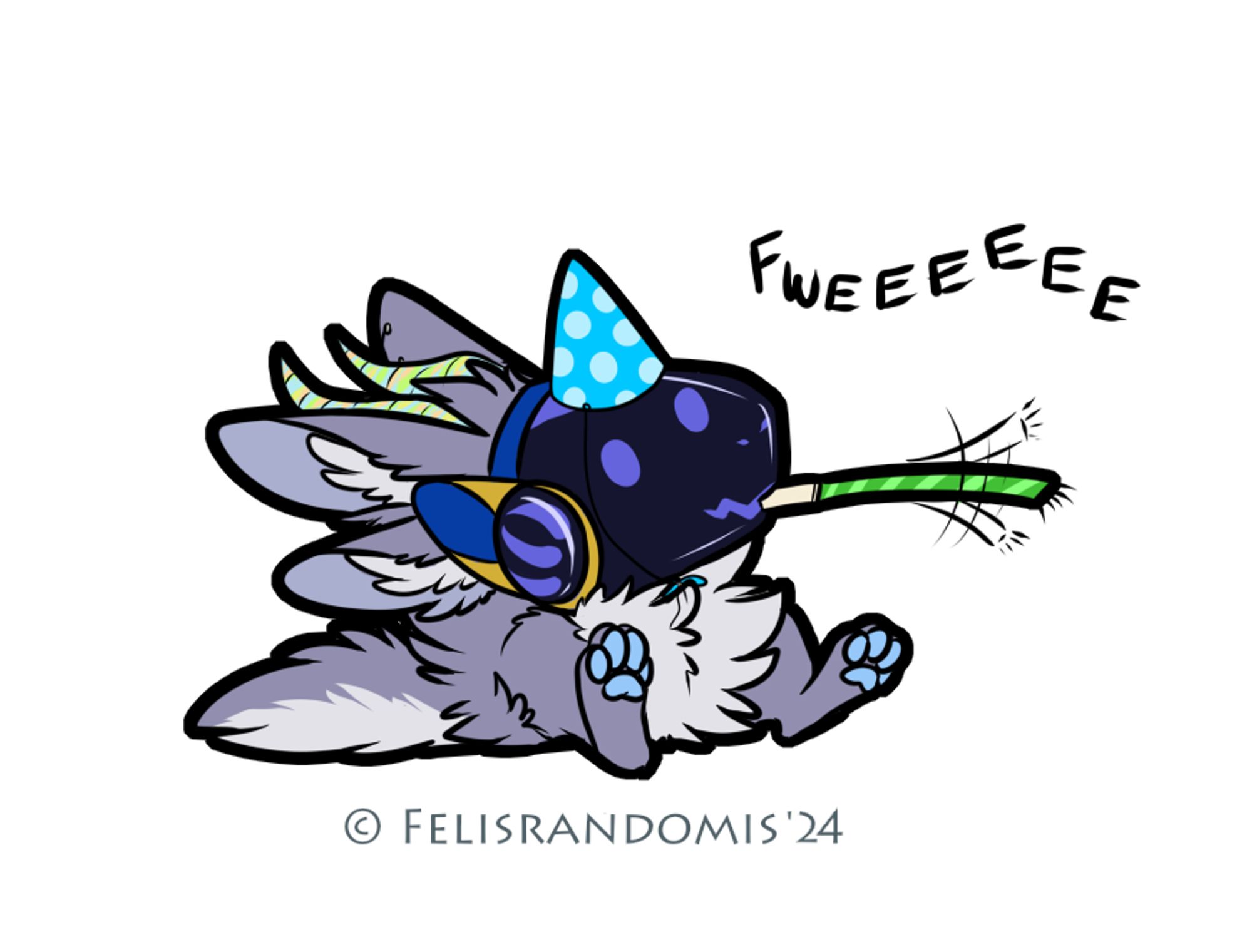 Digital doodle of a Protogen proot (just head, legs, and tail) wearing a party hat and blowing on a party horn with a 'fweeee' noise.