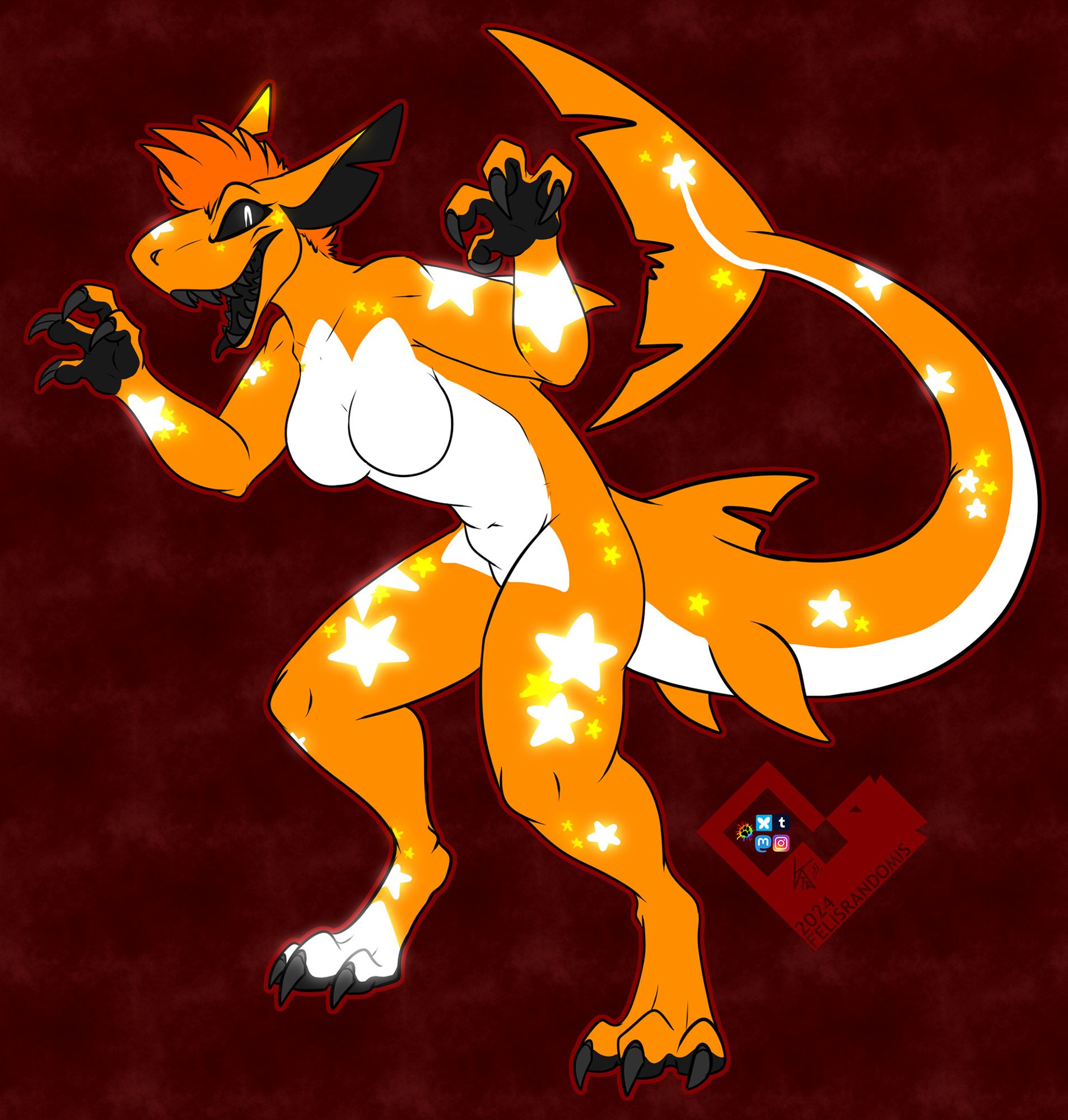 Digital art of a Nom Shark character in spooky-time candy corn colors of orange, yellow, and white, with black accents. She has star markings that are glowing. She's standing hunched over slightly with hands curled to show off her claws, mouth open in a big toothy smile with tongue sticking out.