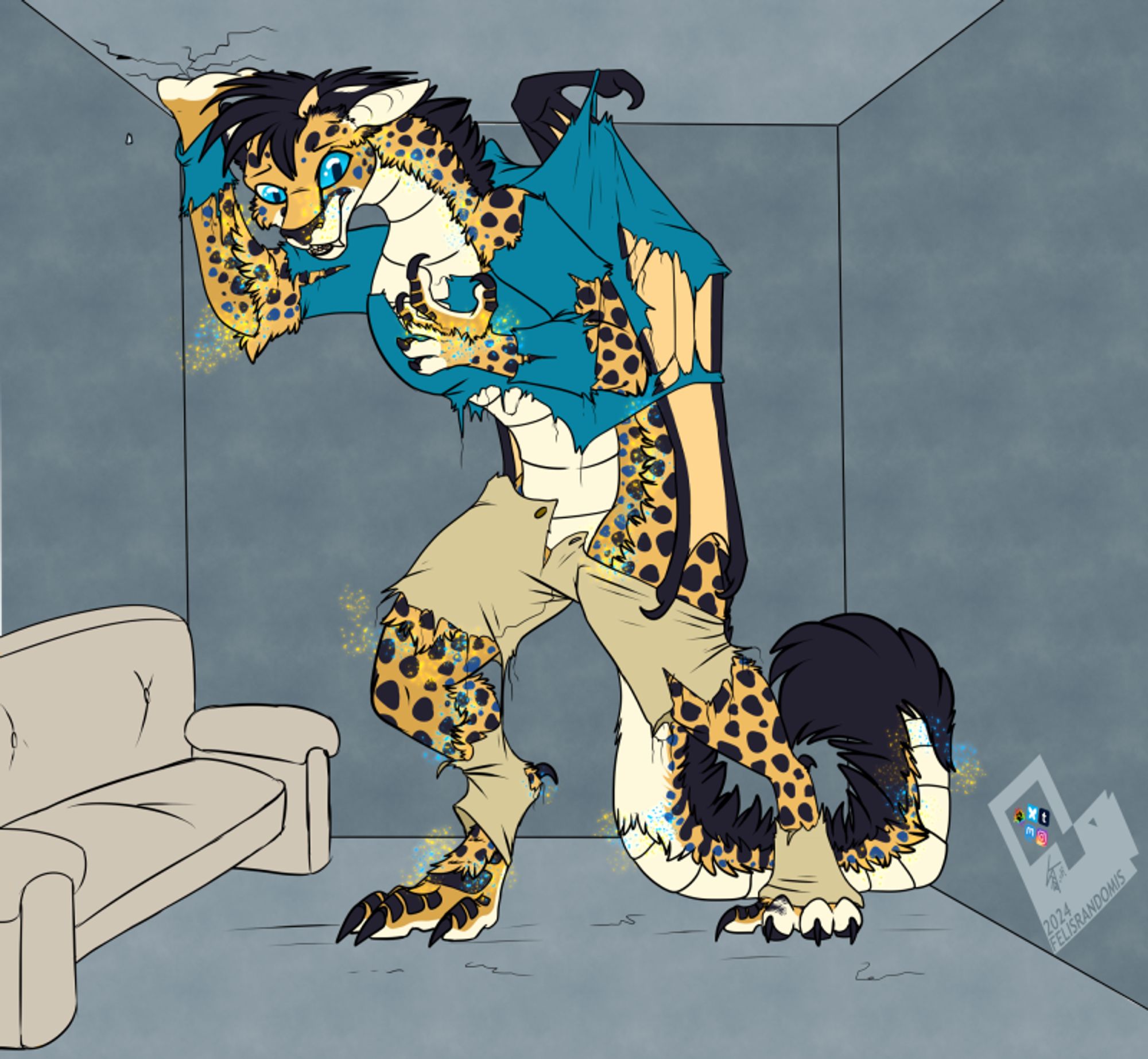 Digital art of a cheetah character who is midtransformation into a western style dragon. Blue hoodie and khaki pants are being ripped up due to size change and wings bursting out of his back.