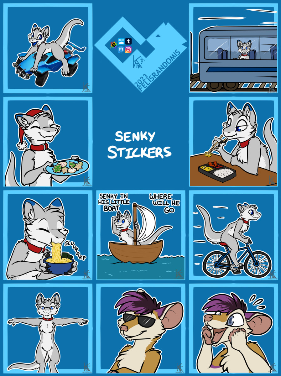 digital art of a furred dragon character made for telegram/discord stickers. Riding a rocket league car, riding a train, riding a bike, holding out christmas cookies, eating ramen, eating a bento box, senky in a little boat where will he go, T posing. 2 other stickers of a rodent character. One with sunglasses, one looking really excited.