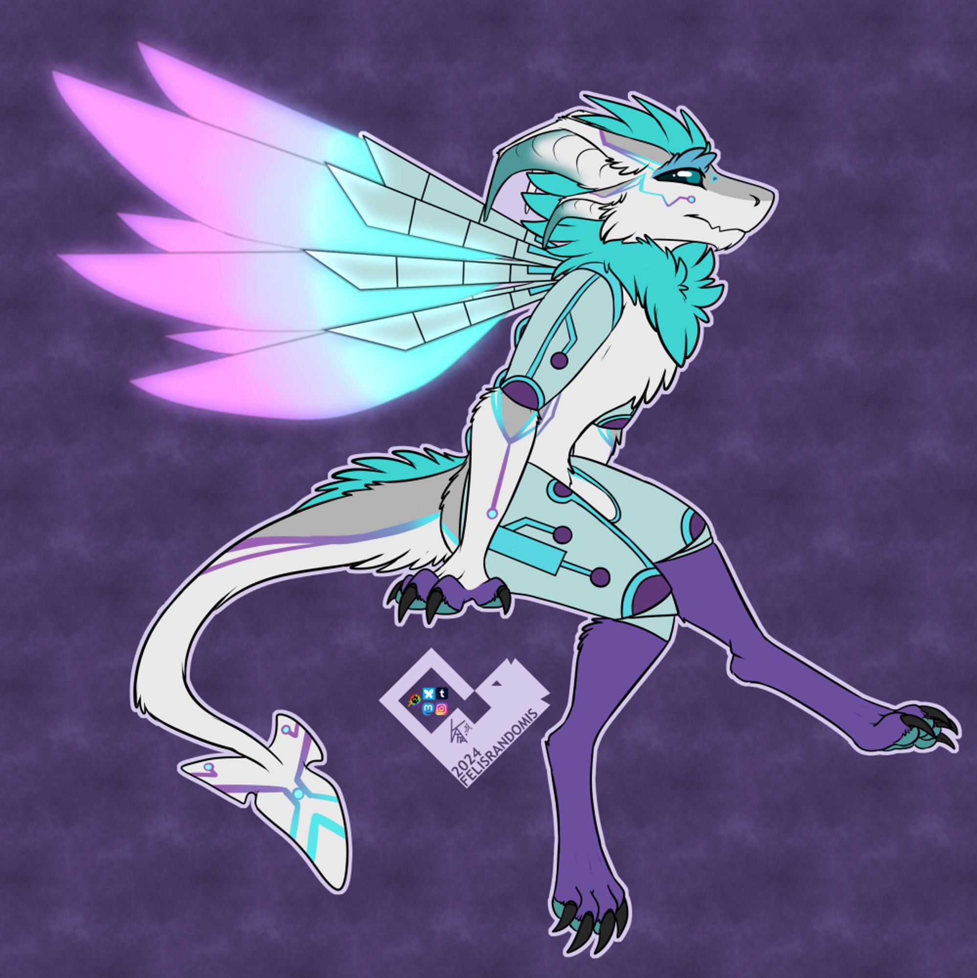 digital art of an original species called a Seveliten. They have cybernetic upper arms and thighs, along with a spinal implant and 3 pronged light emitting wings. Long ears that dangle a bit at the end and an angular headshape. They have quite long claws on both hand and feetpaws, along with a triangle tipped tail.