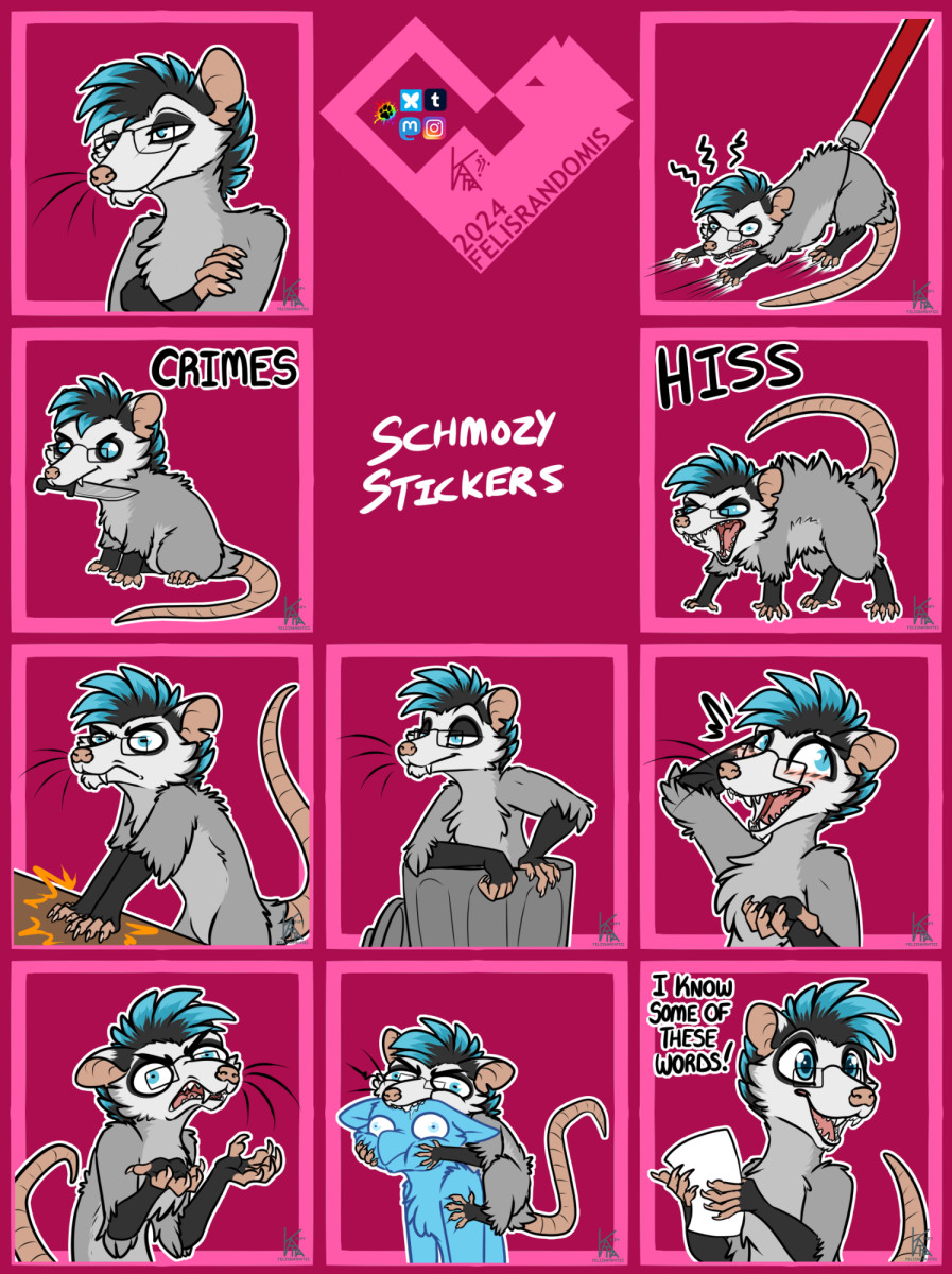 digital art of an opossum character made for telegram stickers. Looking smug with arms crossed, being haphardardly pulled away with a pole loop, holding a knife in mouth iwth text "crimes!", standing on all fours hissing, slapping hands on a table, sitting in a trash can leaning over the edge, looking emberrassed trying to explain something, what the fuck expression, biting a YCH on the head from behind, holding up a paper and confidently saying "I know some of these words!". 