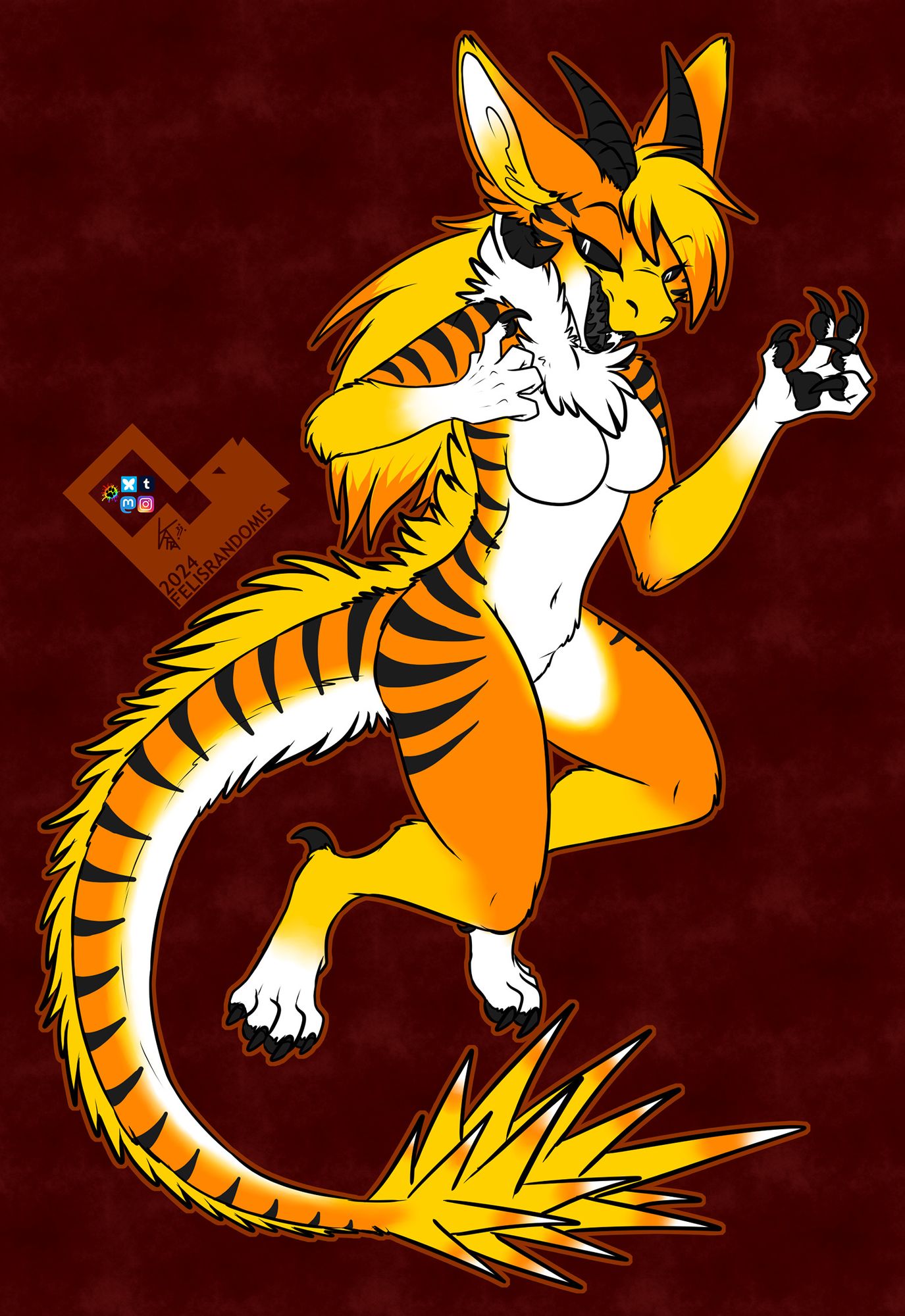 Digital art of a furred dragon character in spooky-time candy corn colors of orange, yellow, and white, with black accents. Generic floating pose, she's facing to the right with an open mouthed snarled smile, hands up and partially curled, being admired by the character.