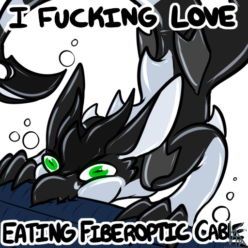 Digital art of a Malstiq voraciously chewing on some cables with text "I fucking love eating fiberoptic cable"