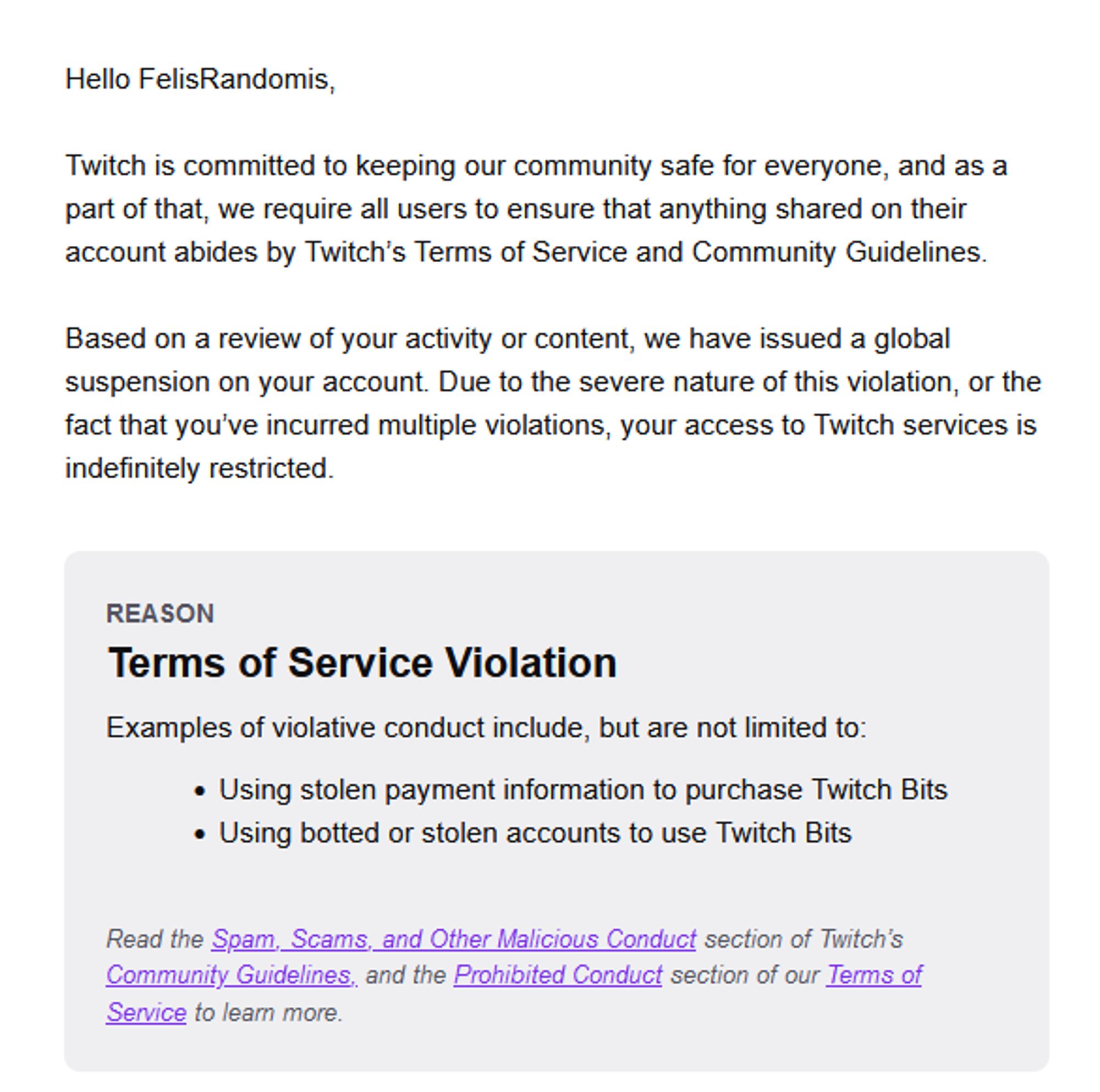 Screencap of an email showing I've been indefinitely suspended on Twitch for supposed fraud.