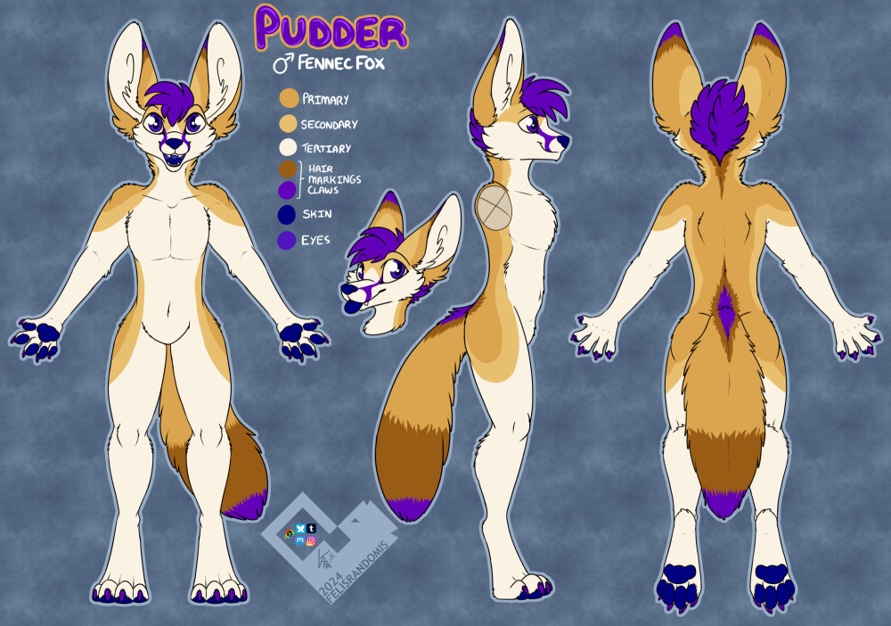 digital art reference of a fennec fox character. They're tan and brown with dark blue skin and dark purple accents