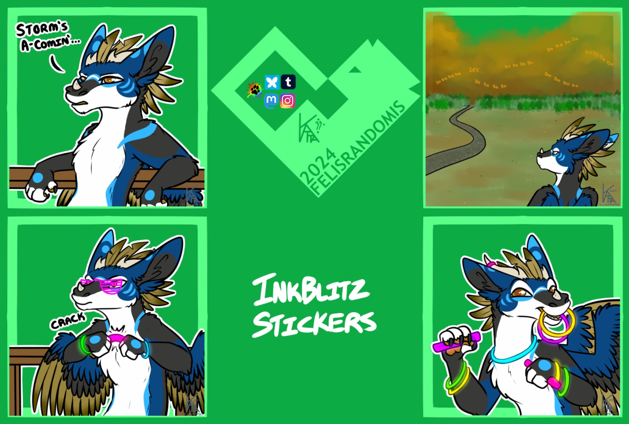 digital art of a dutch angel dragon character made for telegram stickers. Leaning on a post and squinting into the distance saying "storms a-comin'", looking off into the distance a giant sandstorm is brewing with a specific techno song faintly heard, OC is preparing now wearing shutter shades and some glow sticks while also snapping a larger glowstick, and then the character just covered in different glow sticks.