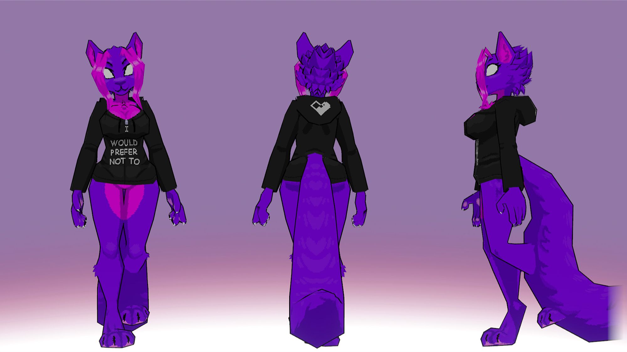 Screencap of a 3 view low-poly model of a purple and pink cat with a black hoodie that says "i would prefer not to"